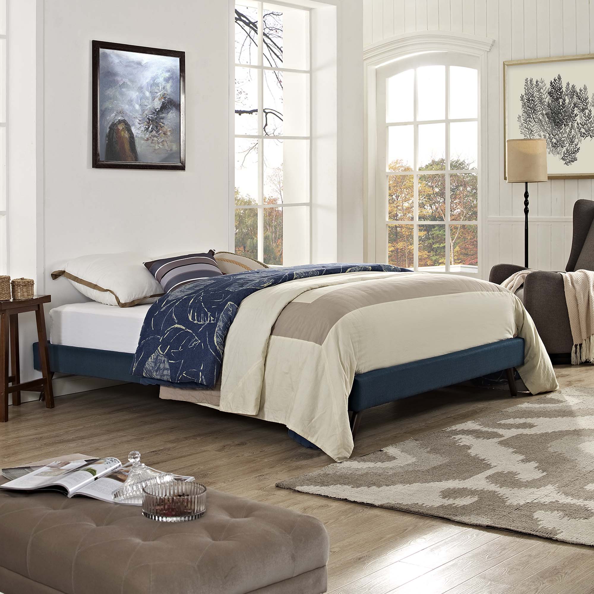 Loryn Azure Queen Fabric Bed Frame with Round Splayed Legs