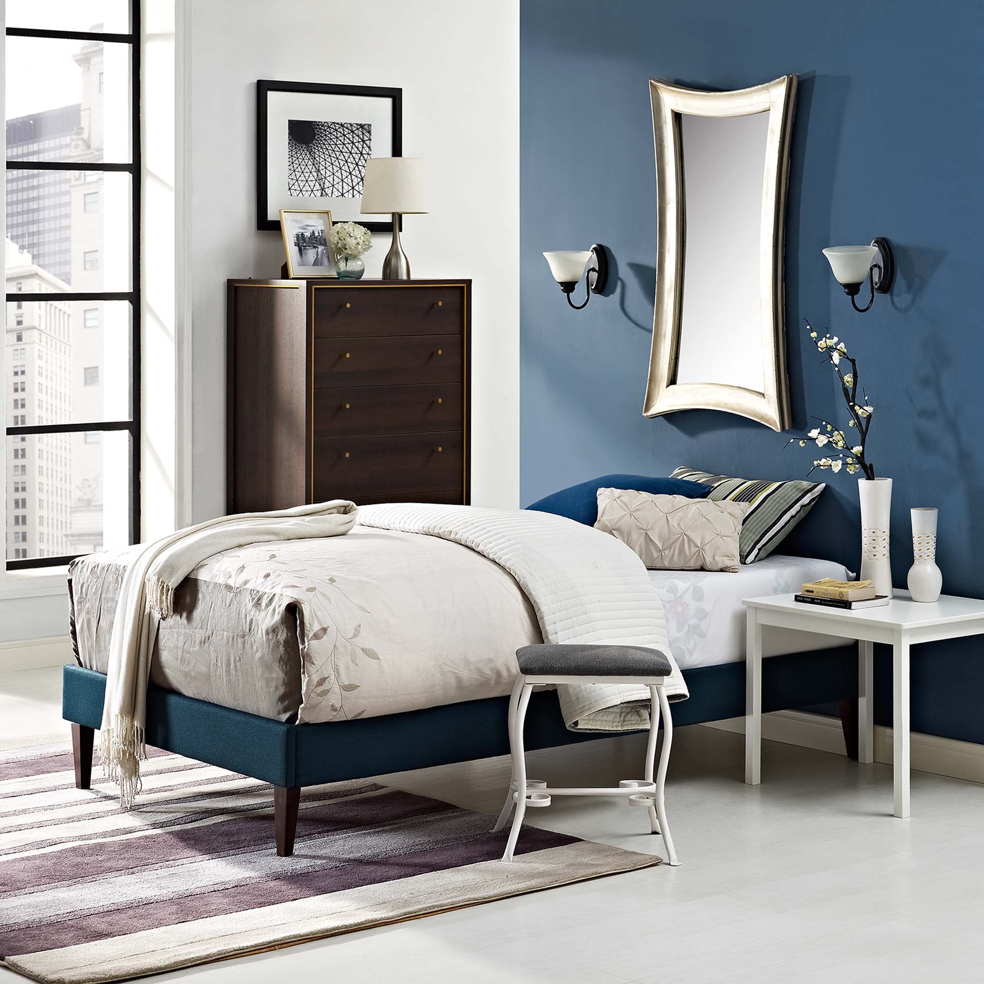 Tessie Azure Twin Fabric Bed Frame with Squared Tapered Legs