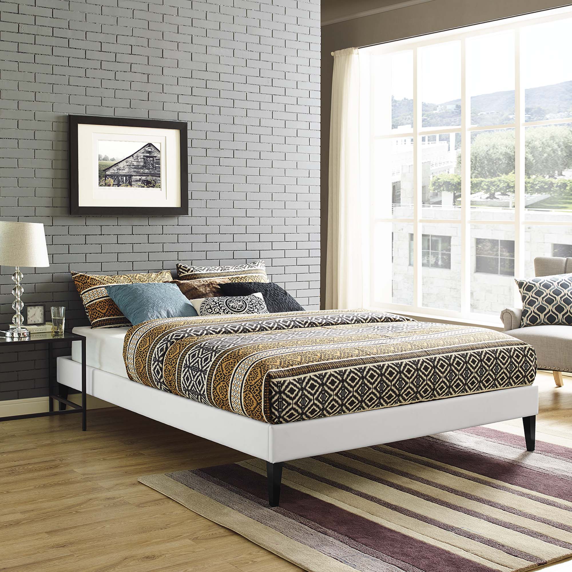 Tessie White Queen Vinyl Bed Frame with Squared Tapered Legs