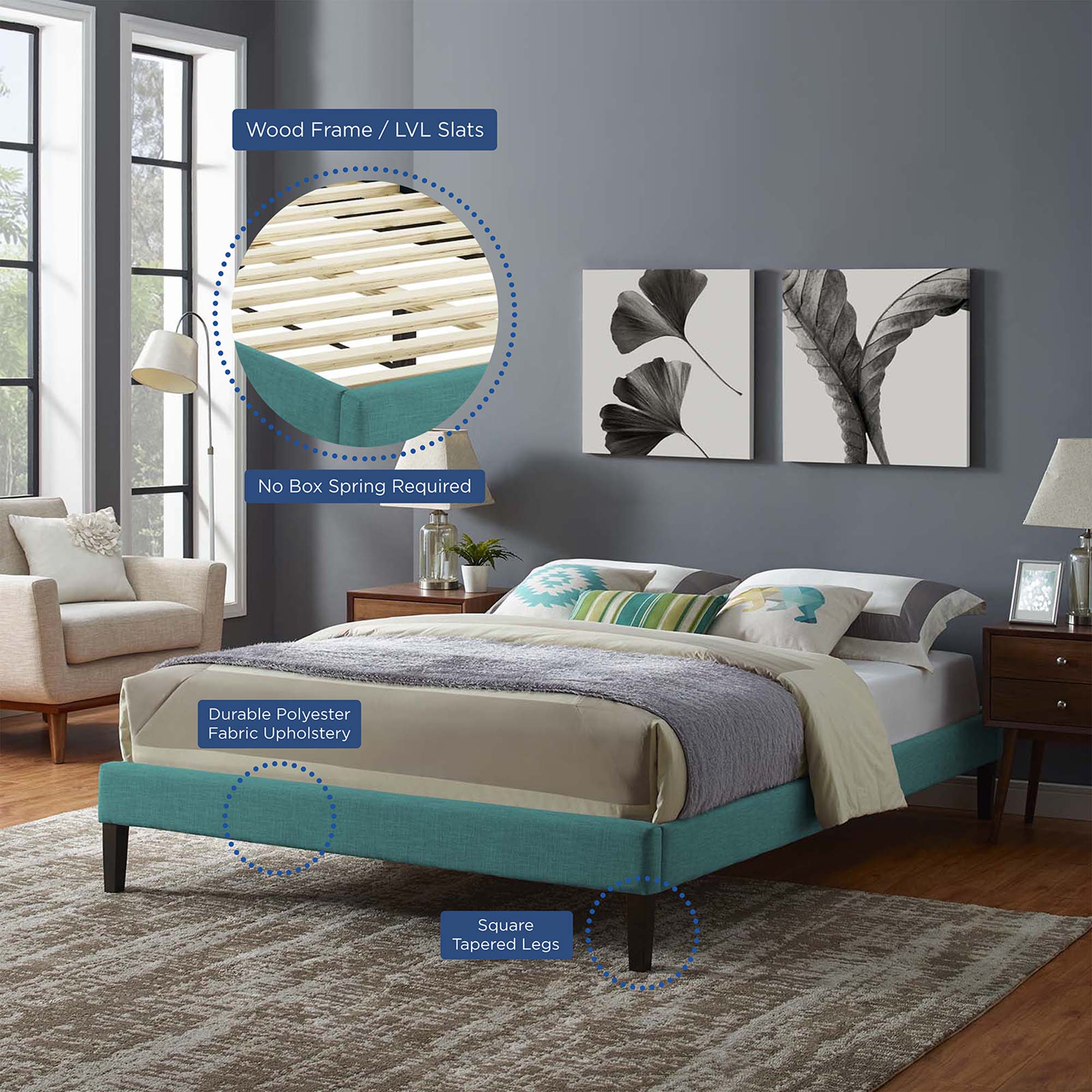 Tessie Teal Queen Fabric Bed Frame with Squared Tapered Legs