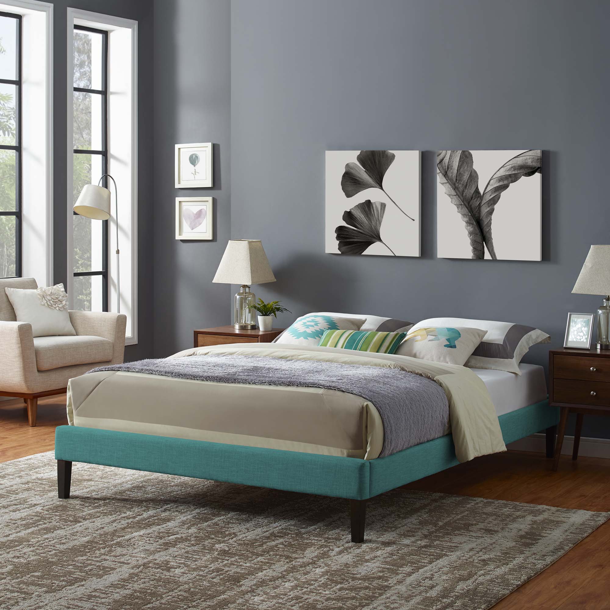 Tessie Teal Queen Fabric Bed Frame with Squared Tapered Legs