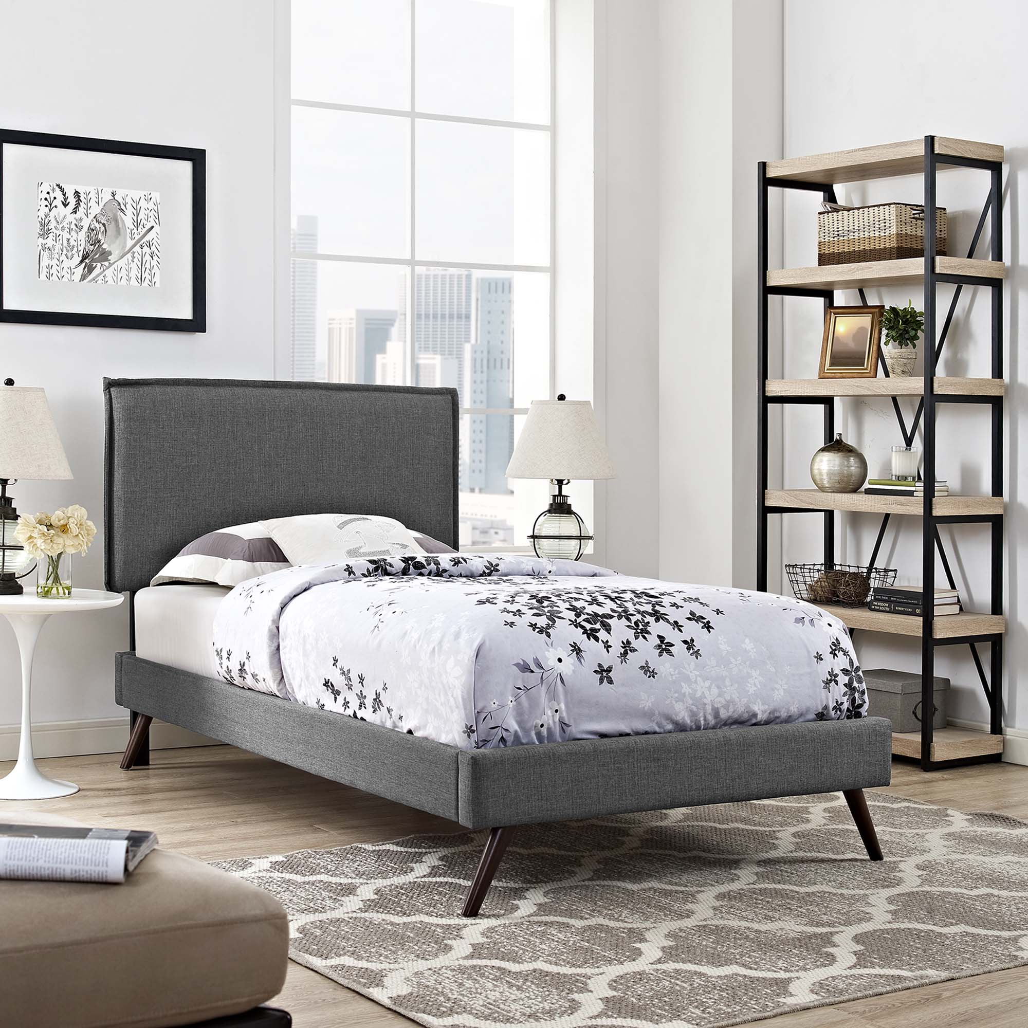 Amaris Grey Twin Fabric Platform Bed with Round Splayed Legs