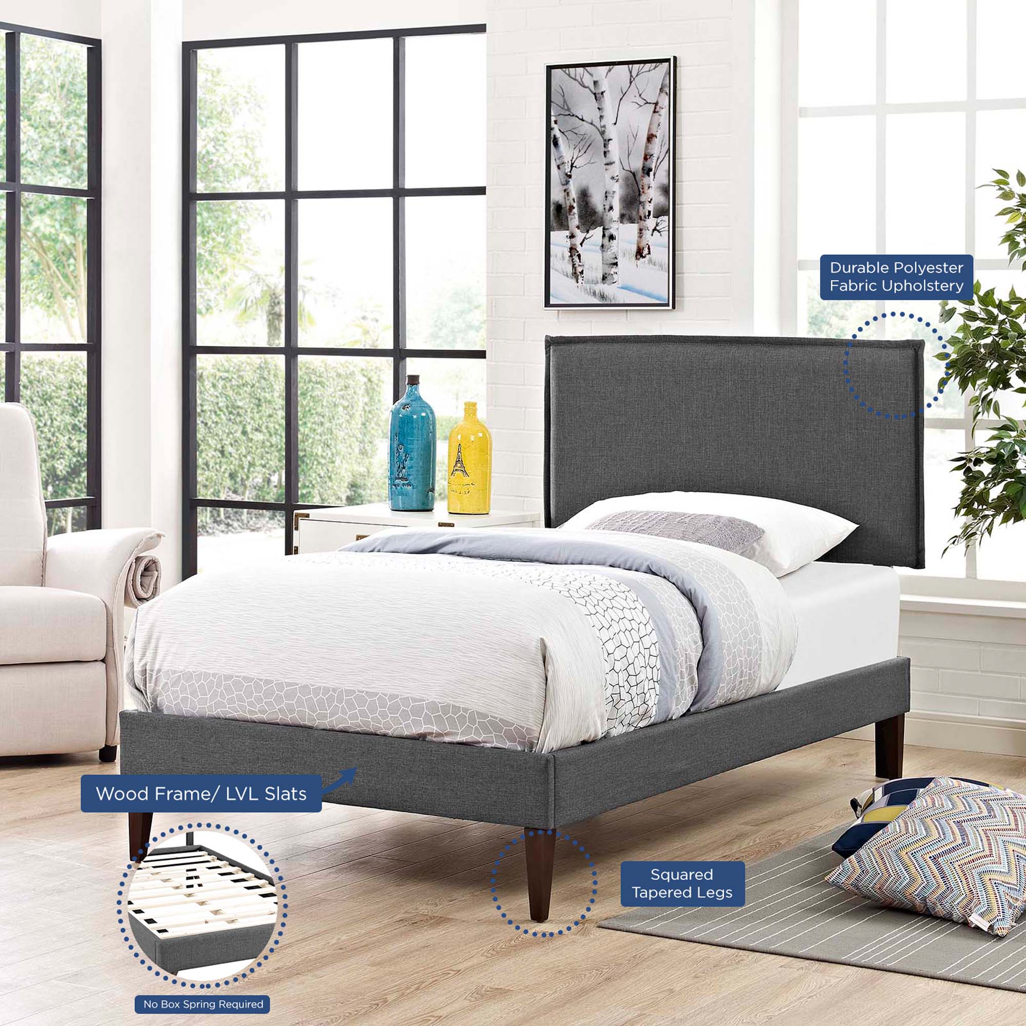 Amaris Grey Twin Fabric Platform Bed with Squared Tapered Legs