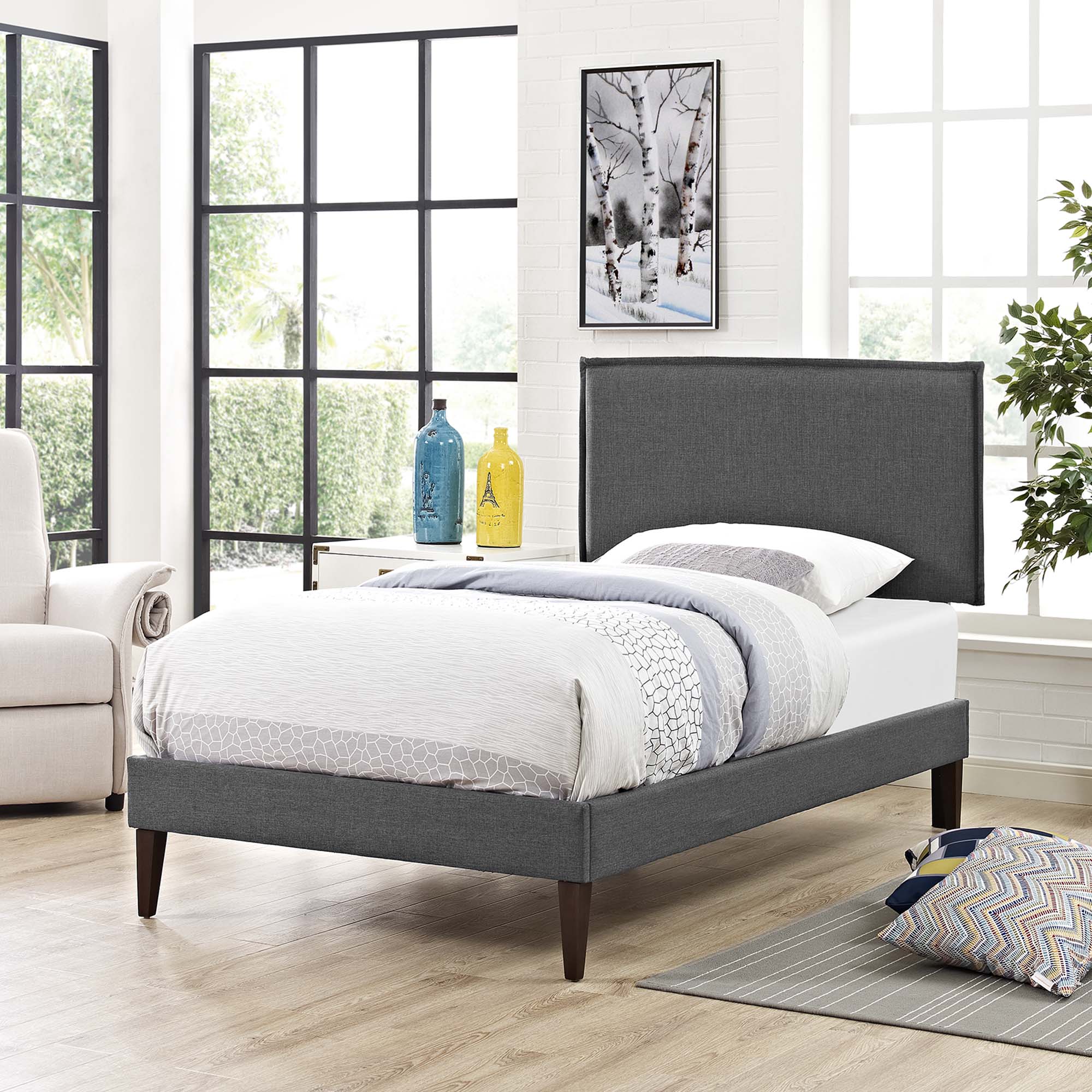 Amaris Grey Twin Fabric Platform Bed with Squared Tapered Legs