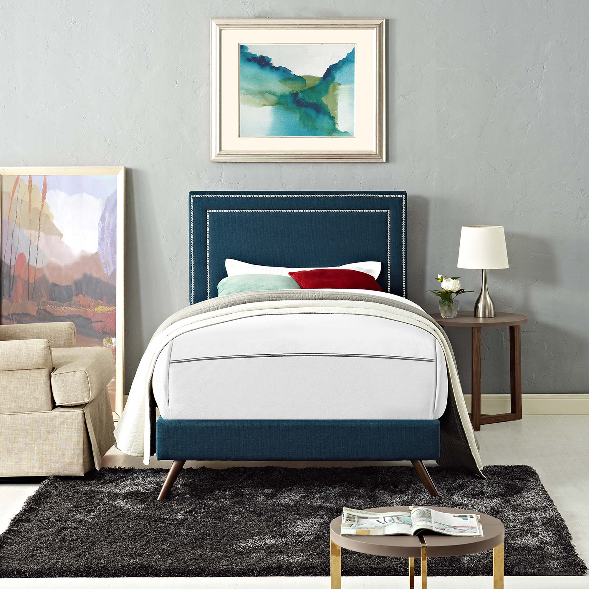 Virginia Azure Twin Fabric Platform Bed with Round Splayed Legs