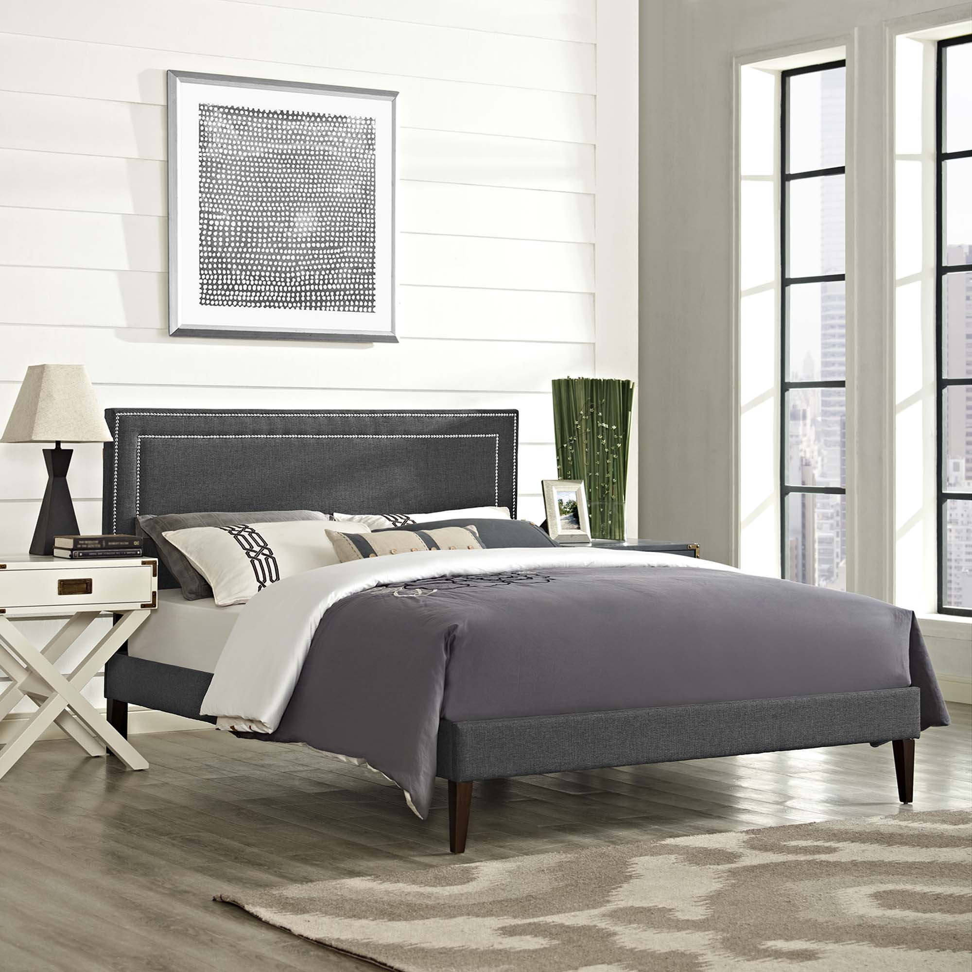 Virginia Grey Queen Fabric Platform Bed with Squared Tapered Legs