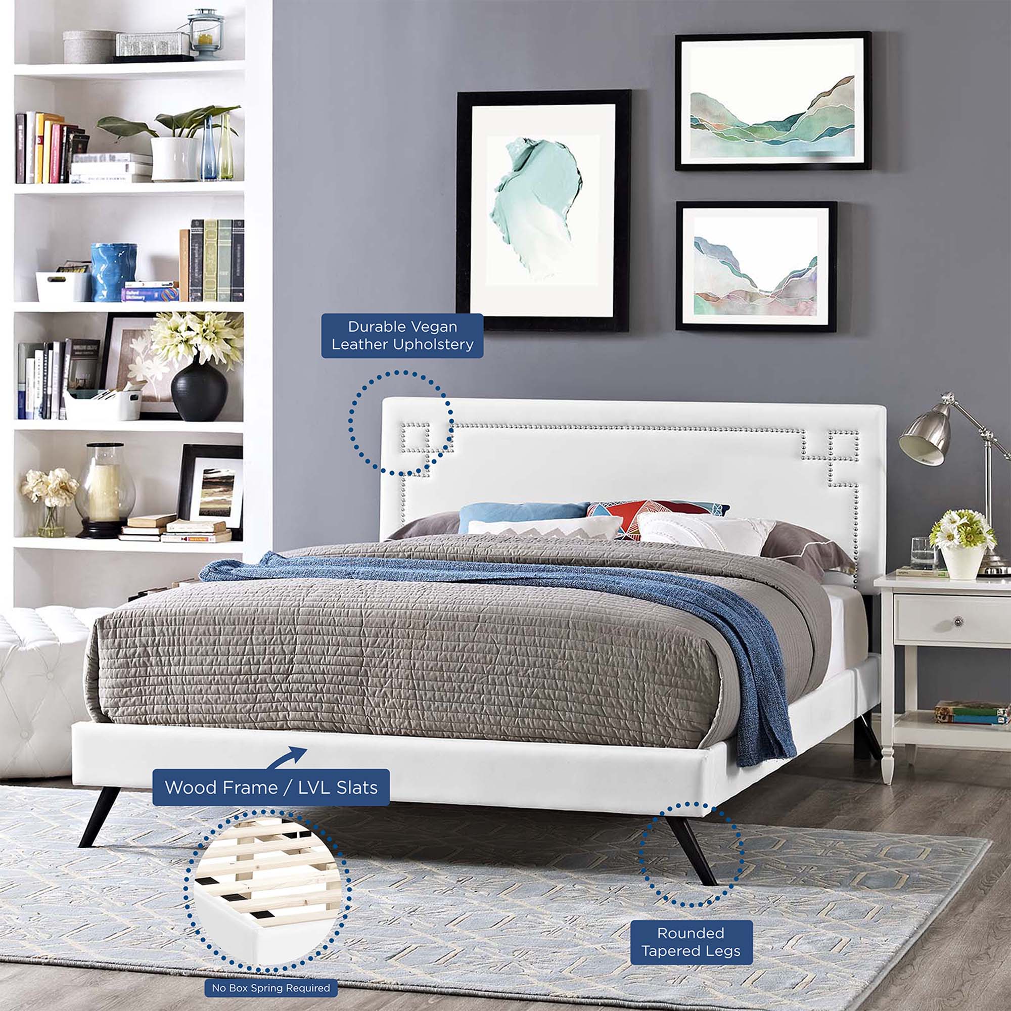 Ruthie White Queen Vinyl Platform Bed with Round Splayed Legs