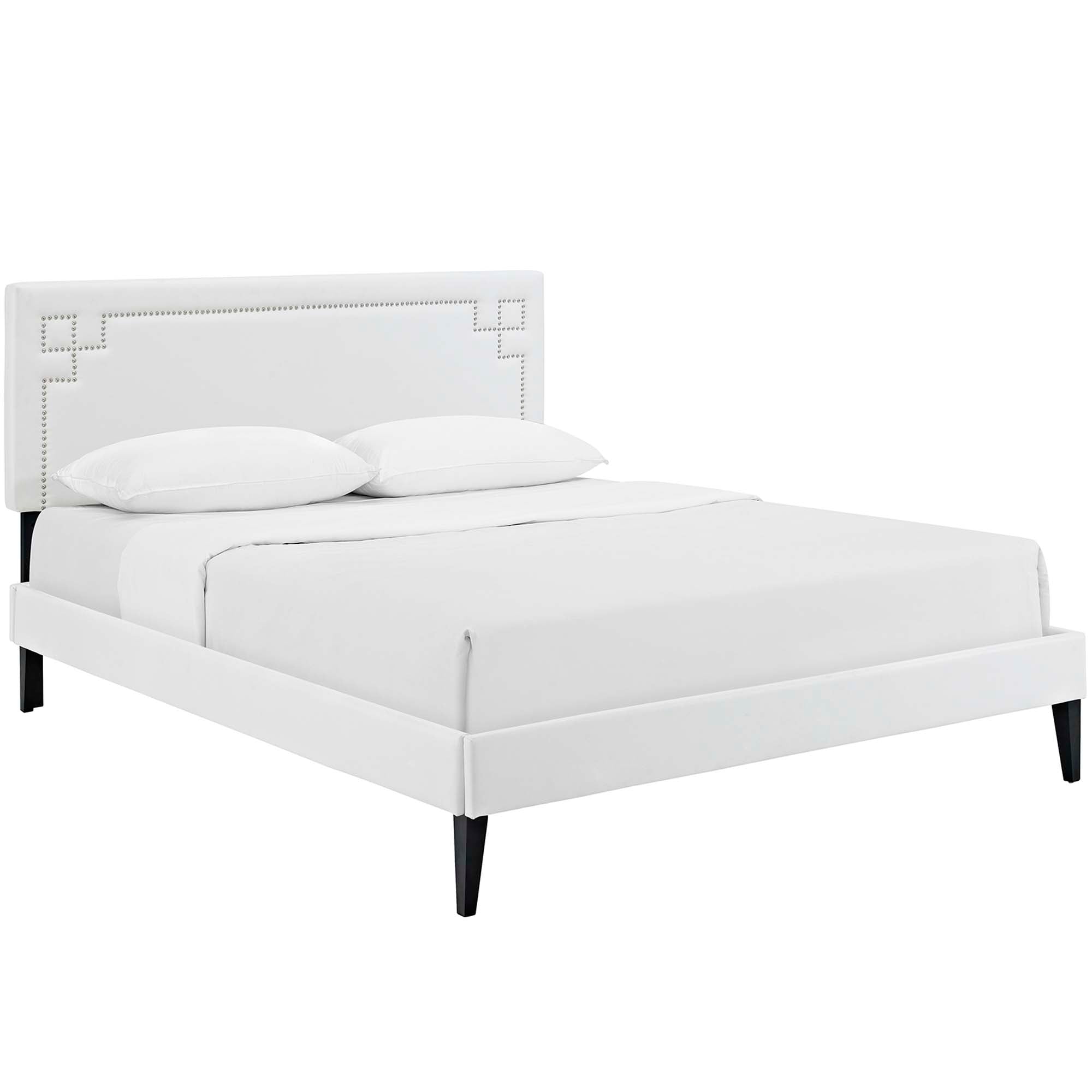 Selden Queen White Vinyl Platform Bed Frame  No Box Spring Required with Wood Slats