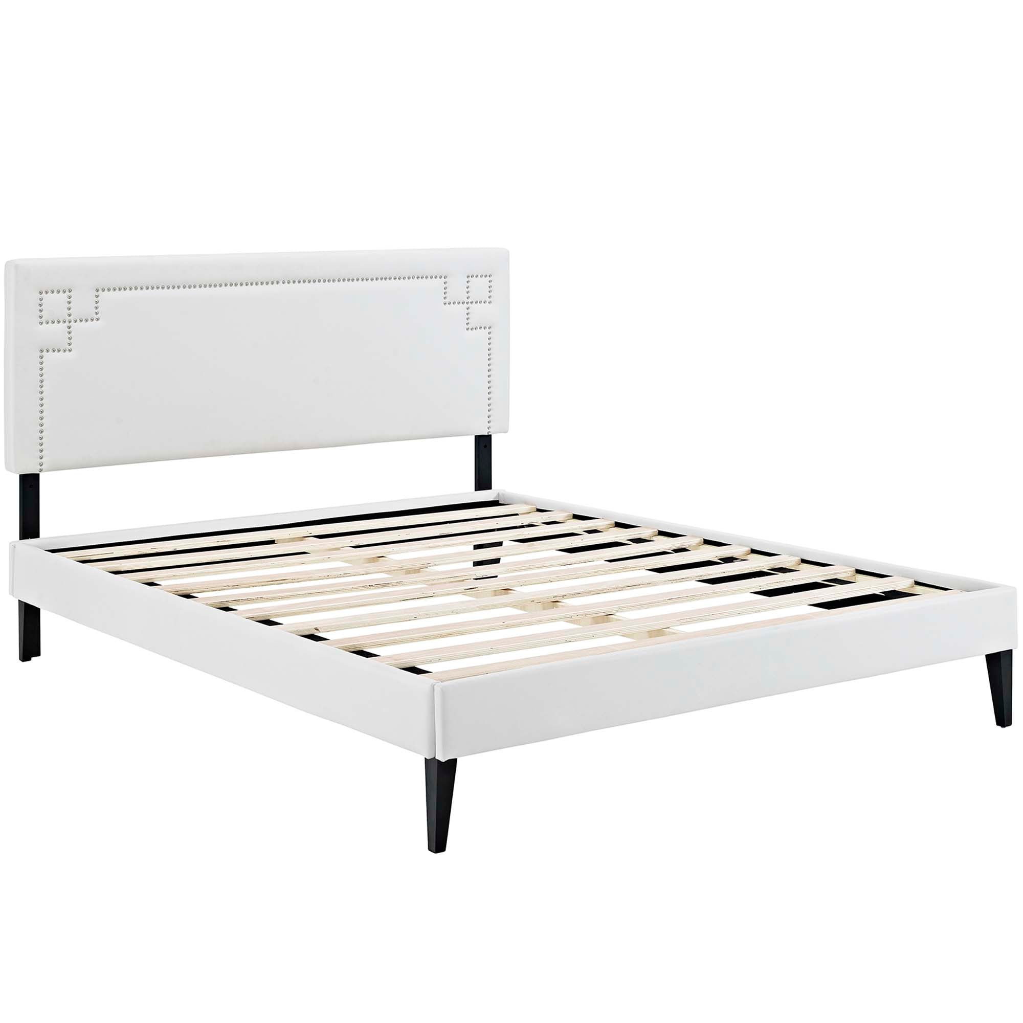Selden Queen White Vinyl Platform Bed Frame  No Box Spring Required with Wood Slats