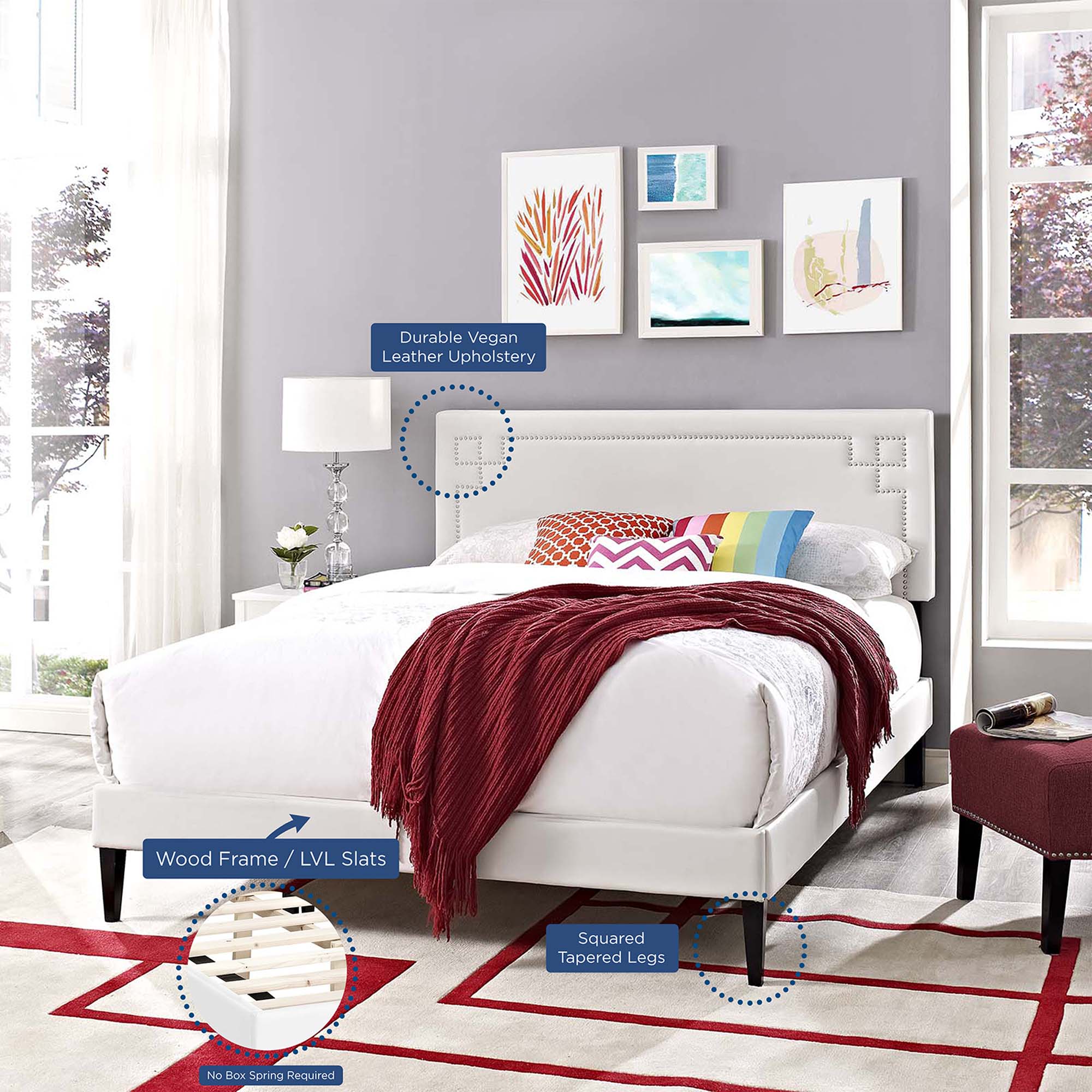 Ruthie White Queen Vinyl Platform Bed with Squared Tapered Legs