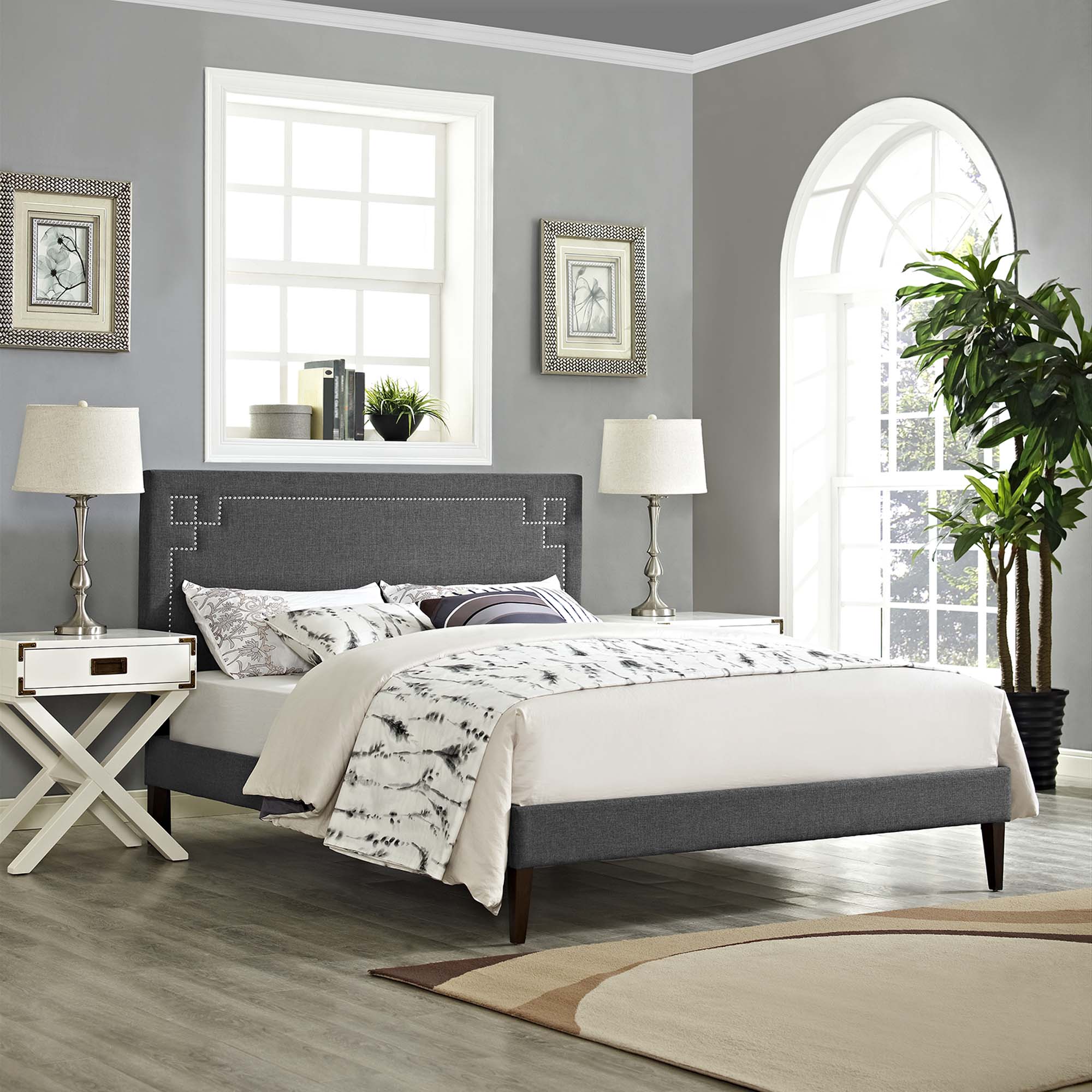 Ruthie Grey Queen Fabric Platform Bed with Squared Tapered Legs