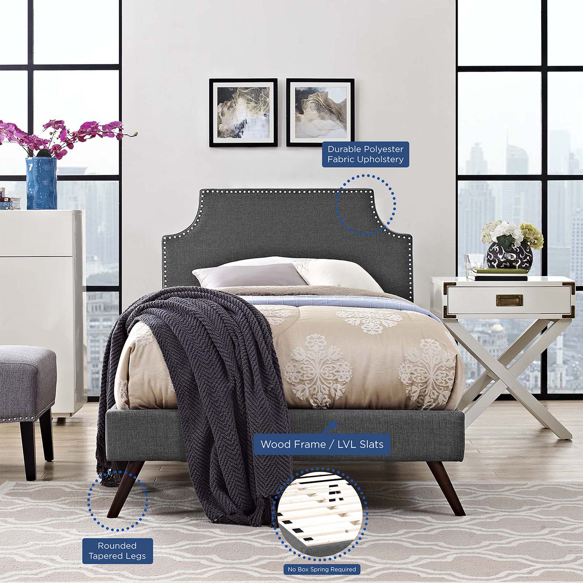 Corene Grey Twin Fabric Platform Bed with Round Splayed Legs