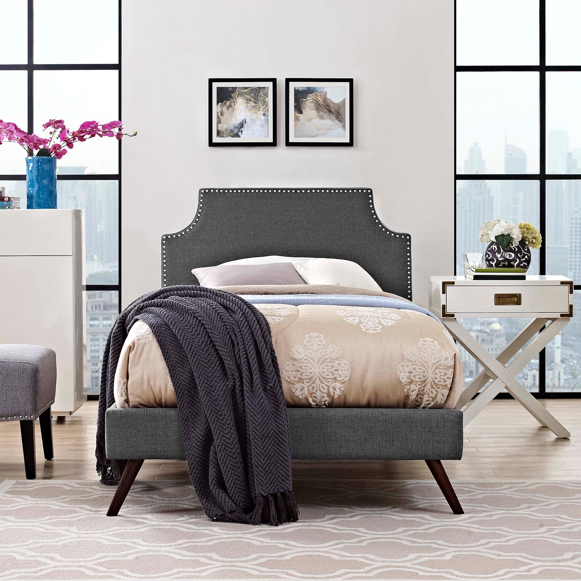 Corene Grey Twin Fabric Platform Bed with Round Splayed Legs