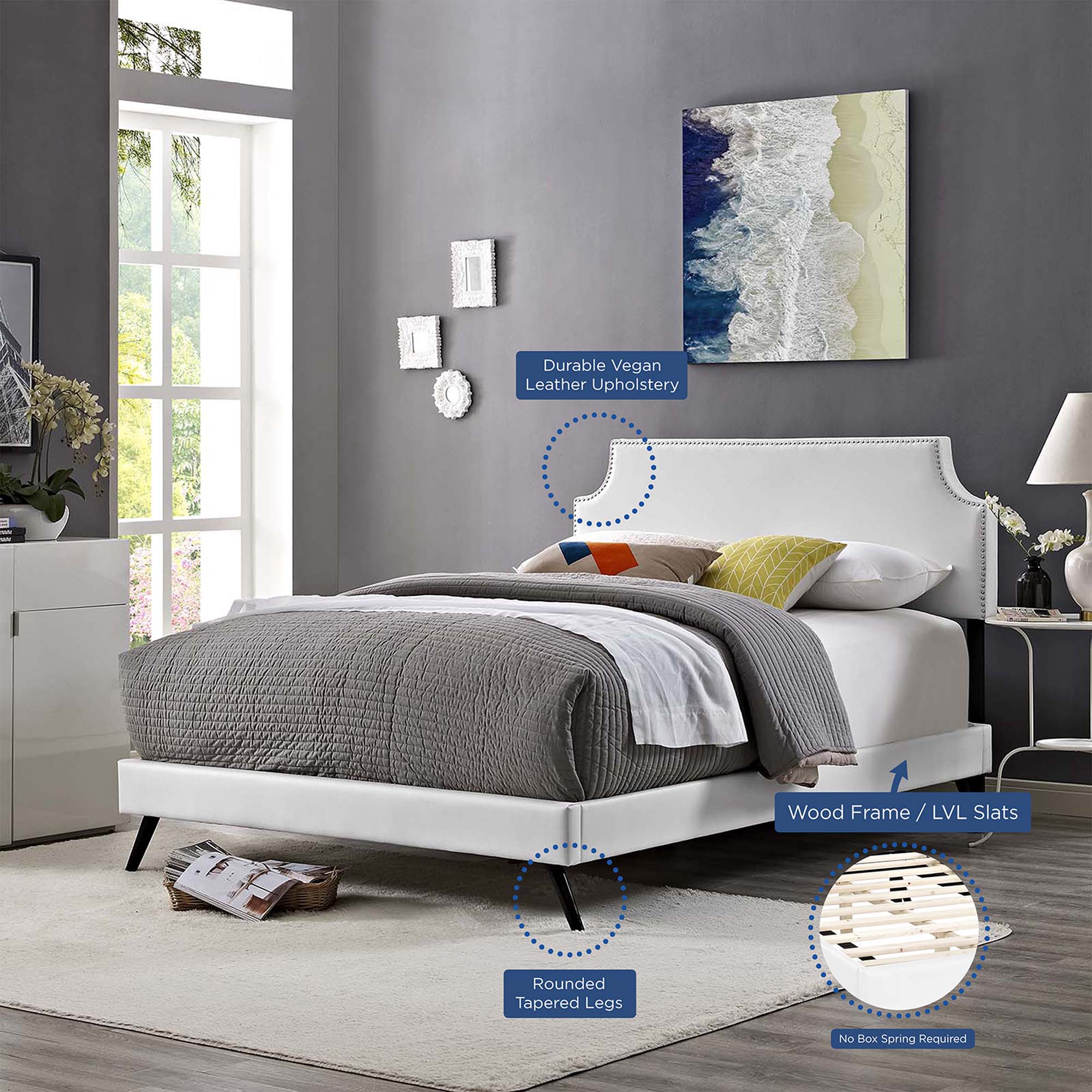 Corene White Full Vinyl Platform Bed with Round Splayed Legs