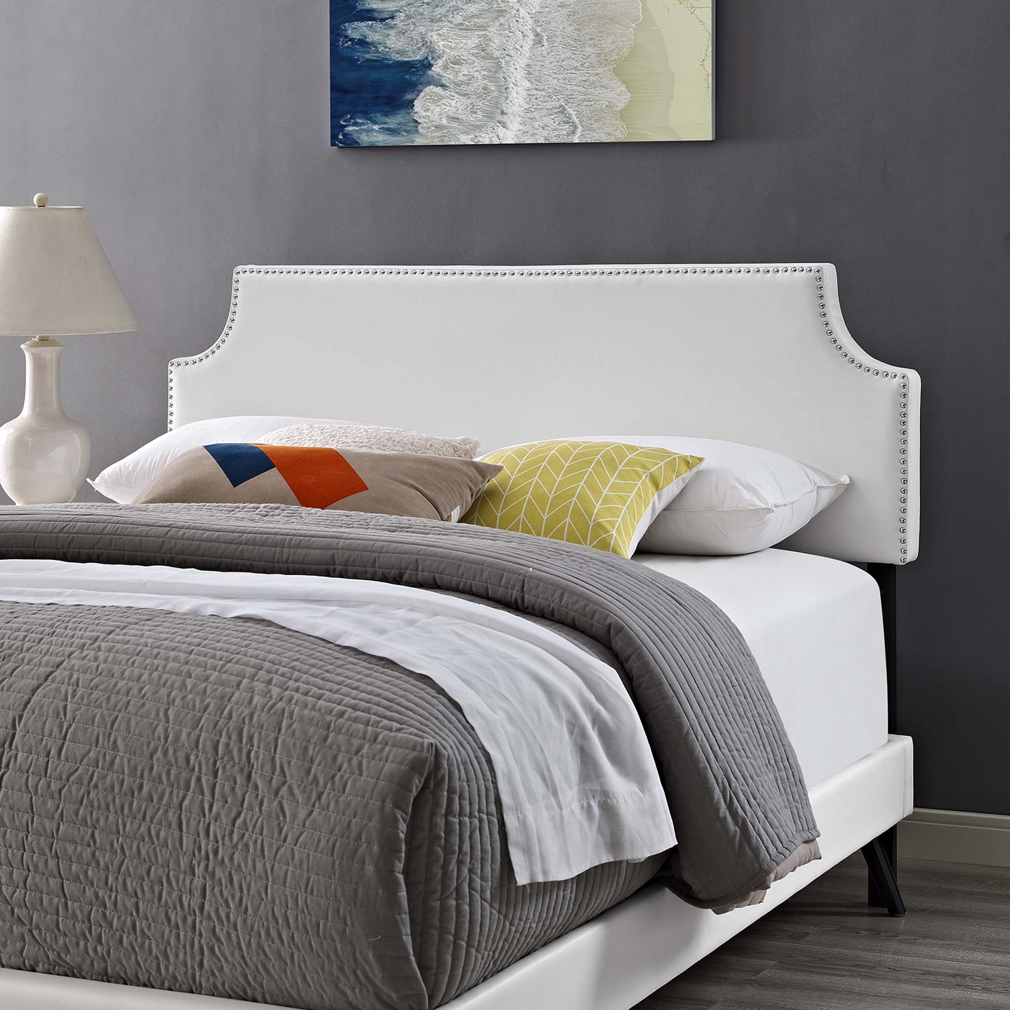 Corene White Full Vinyl Platform Bed with Round Splayed Legs