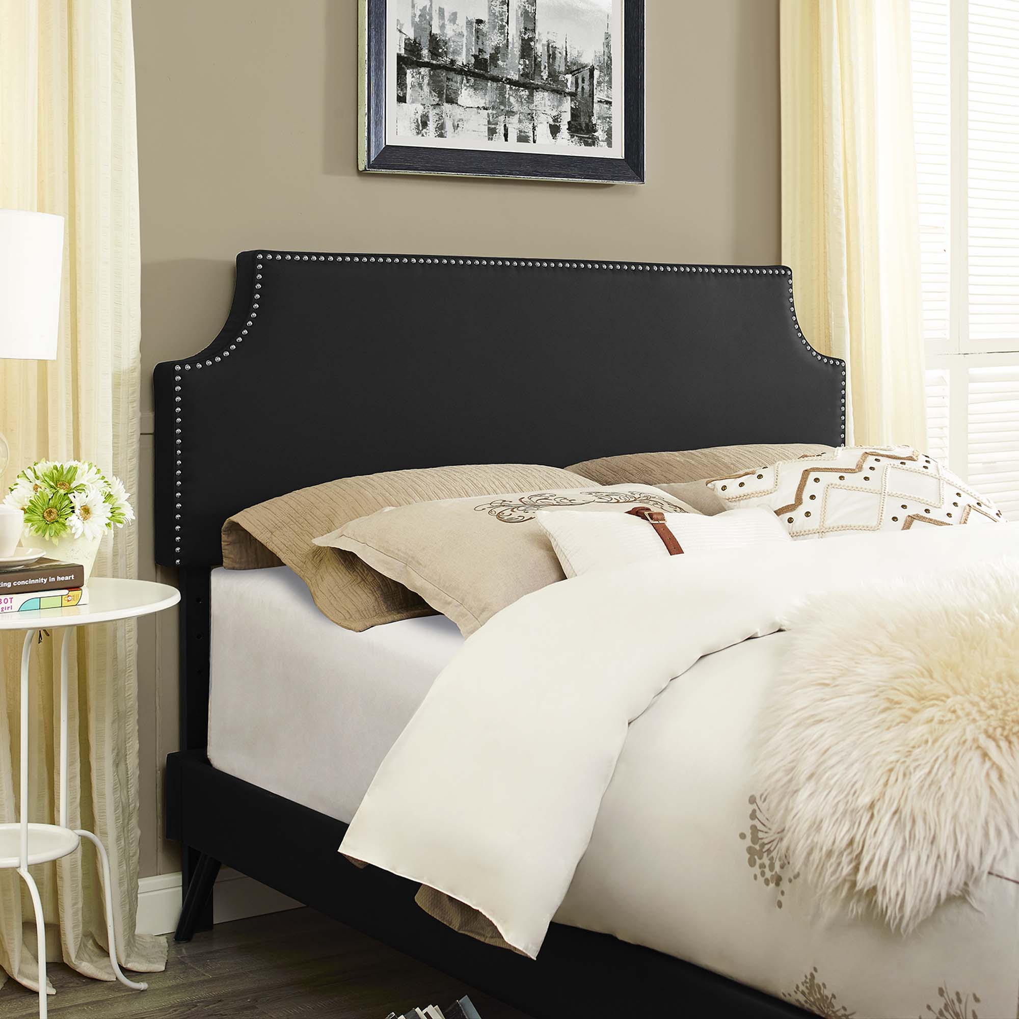 Corene Black Queen Vinyl Platform Bed with Round Splayed Legs