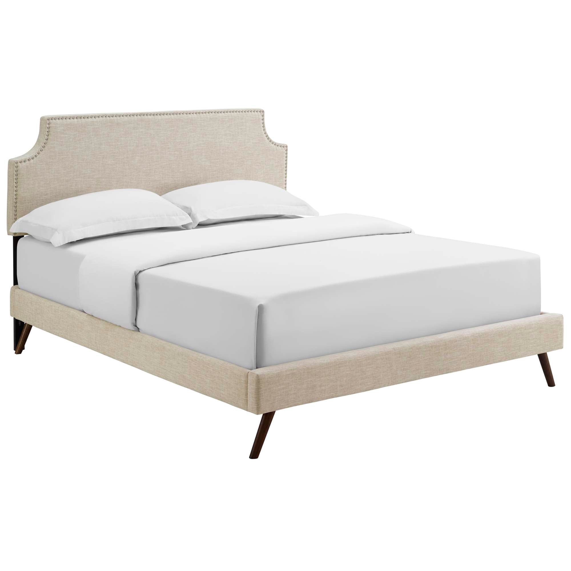 Corene Beige Queen Fabric Platform Bed with Round Splayed Legs