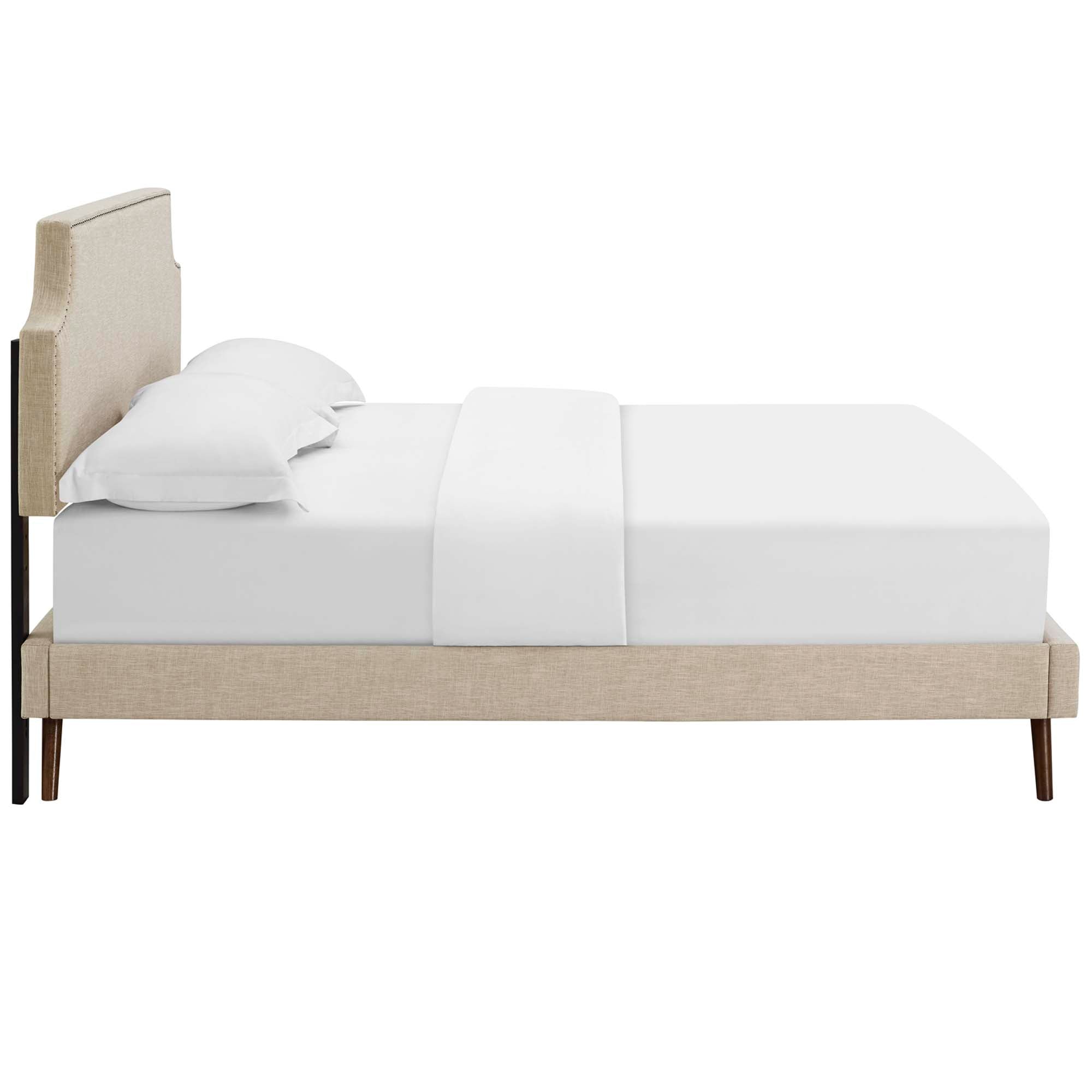 Corene Beige Queen Fabric Platform Bed with Round Splayed Legs