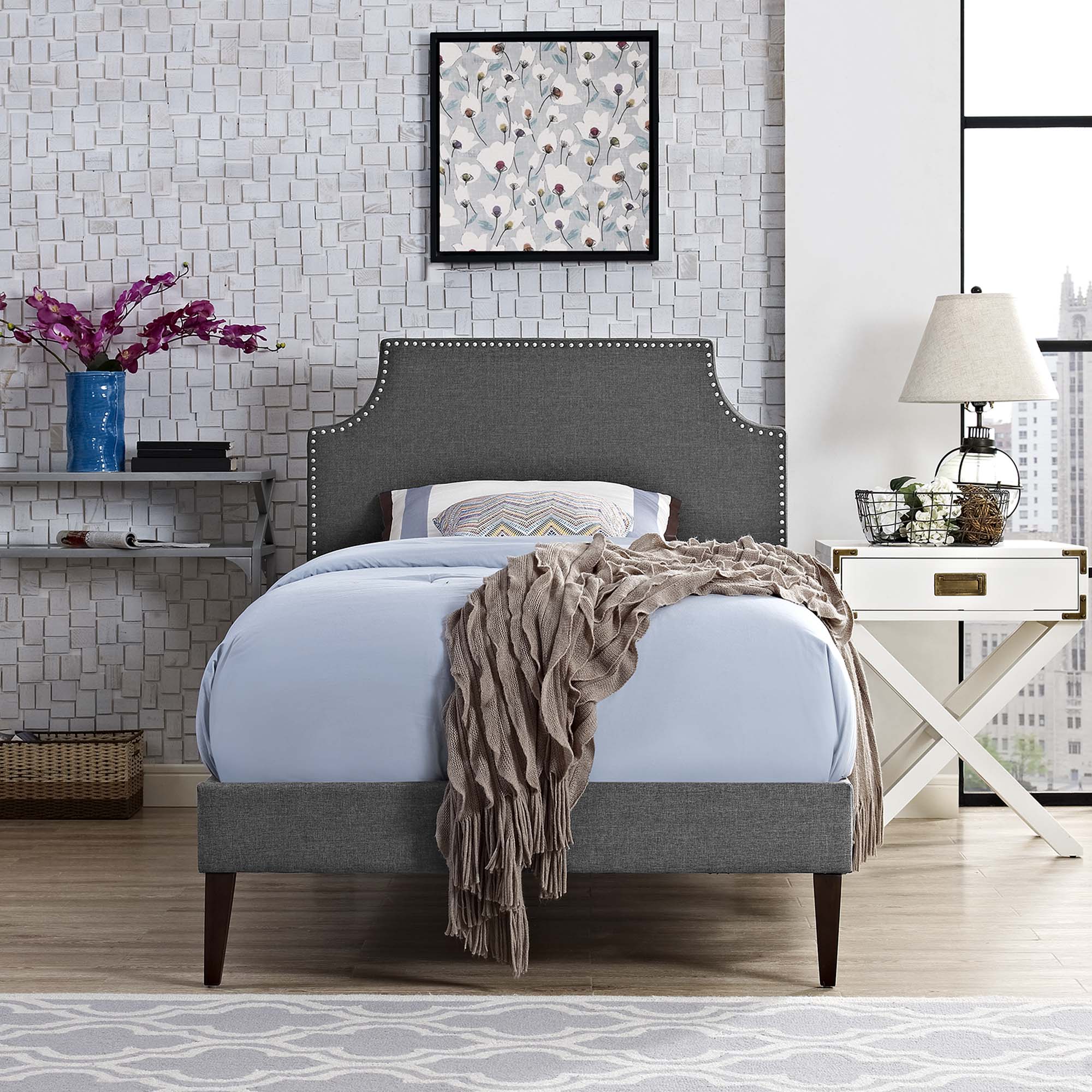 Articulate Twin Grey Fabric Platform Bed – Upholstered with Wood Frame