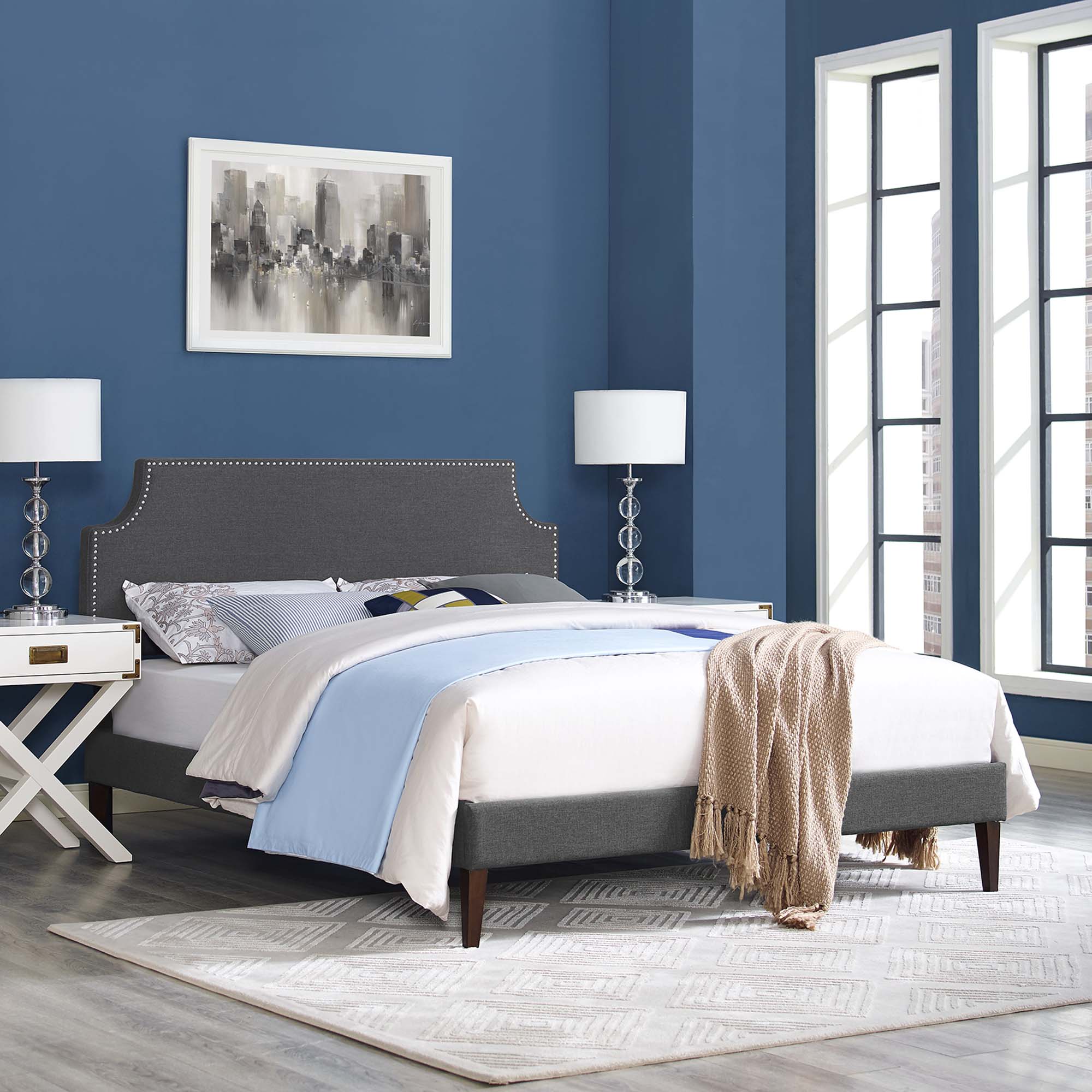 Corene Grey Full Fabric Platform Bed with Squared Tapered Legs