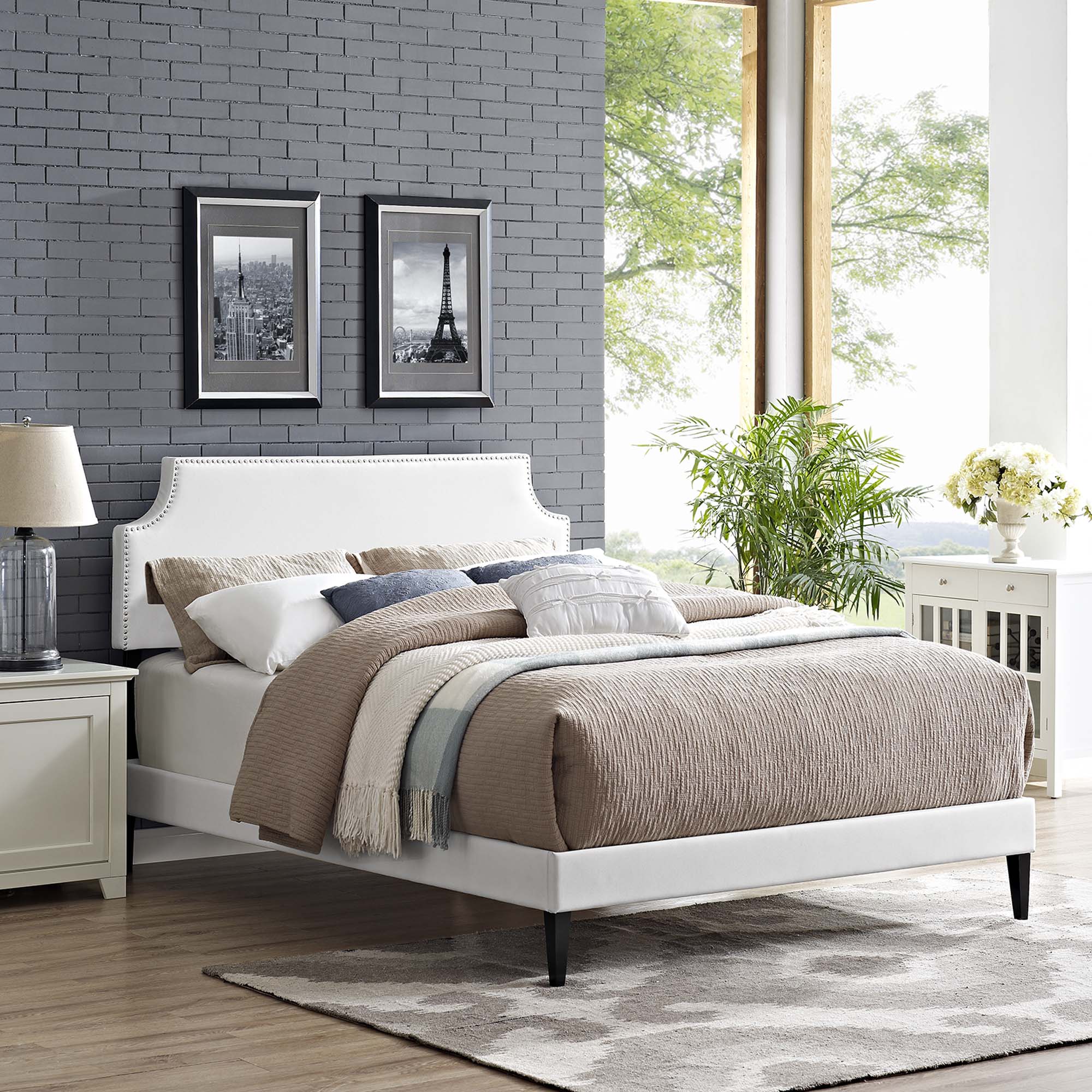 Corene White Queen Vinyl Platform Bed with Squared Tapered Legs