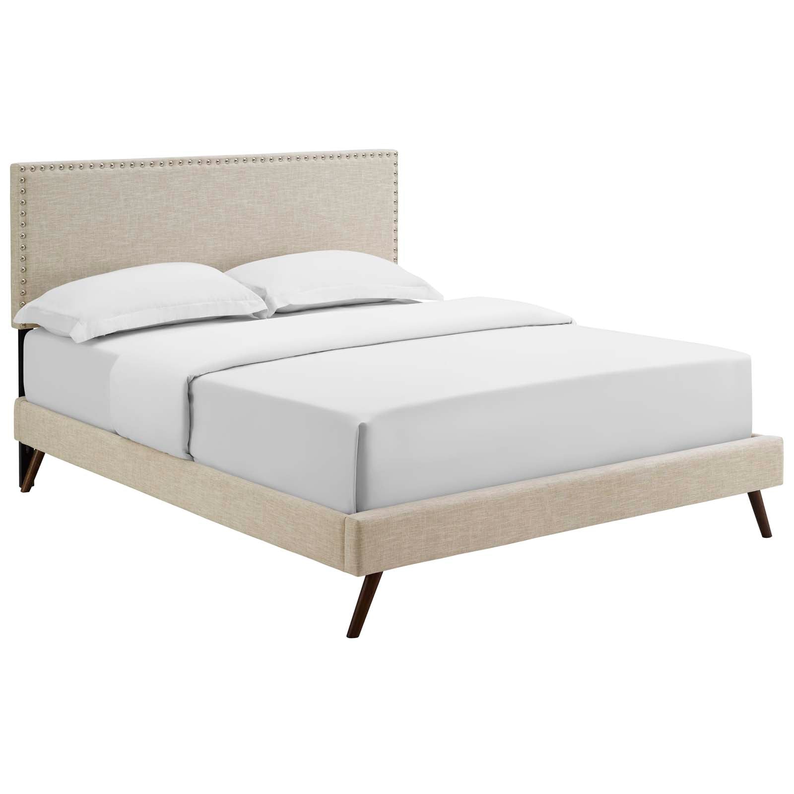 Macie Beige Queen Fabric Platform Bed with Round Splayed Legs