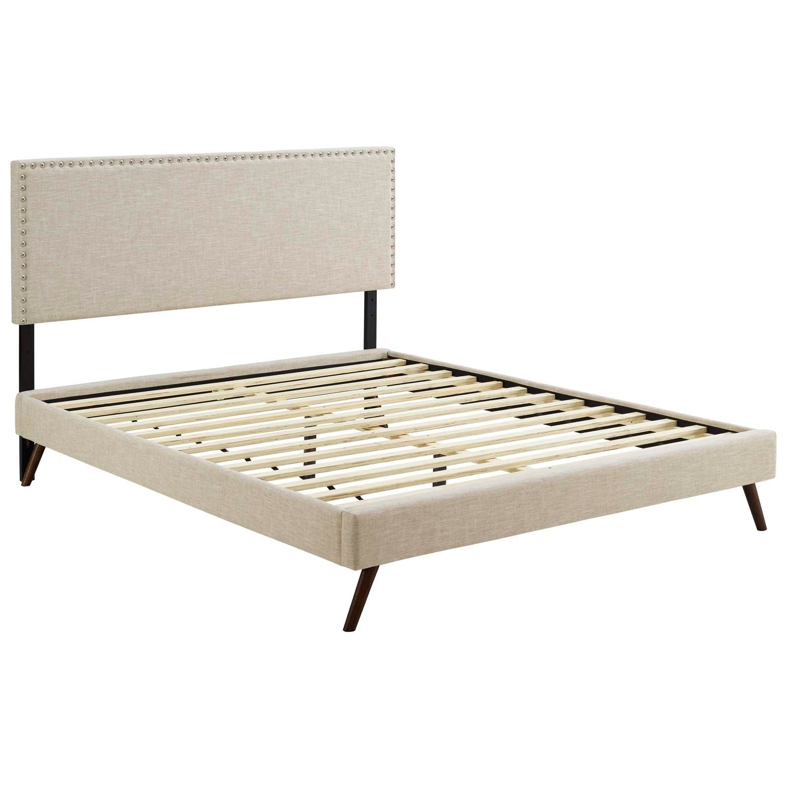 Macie Beige Queen Fabric Platform Bed with Round Splayed Legs