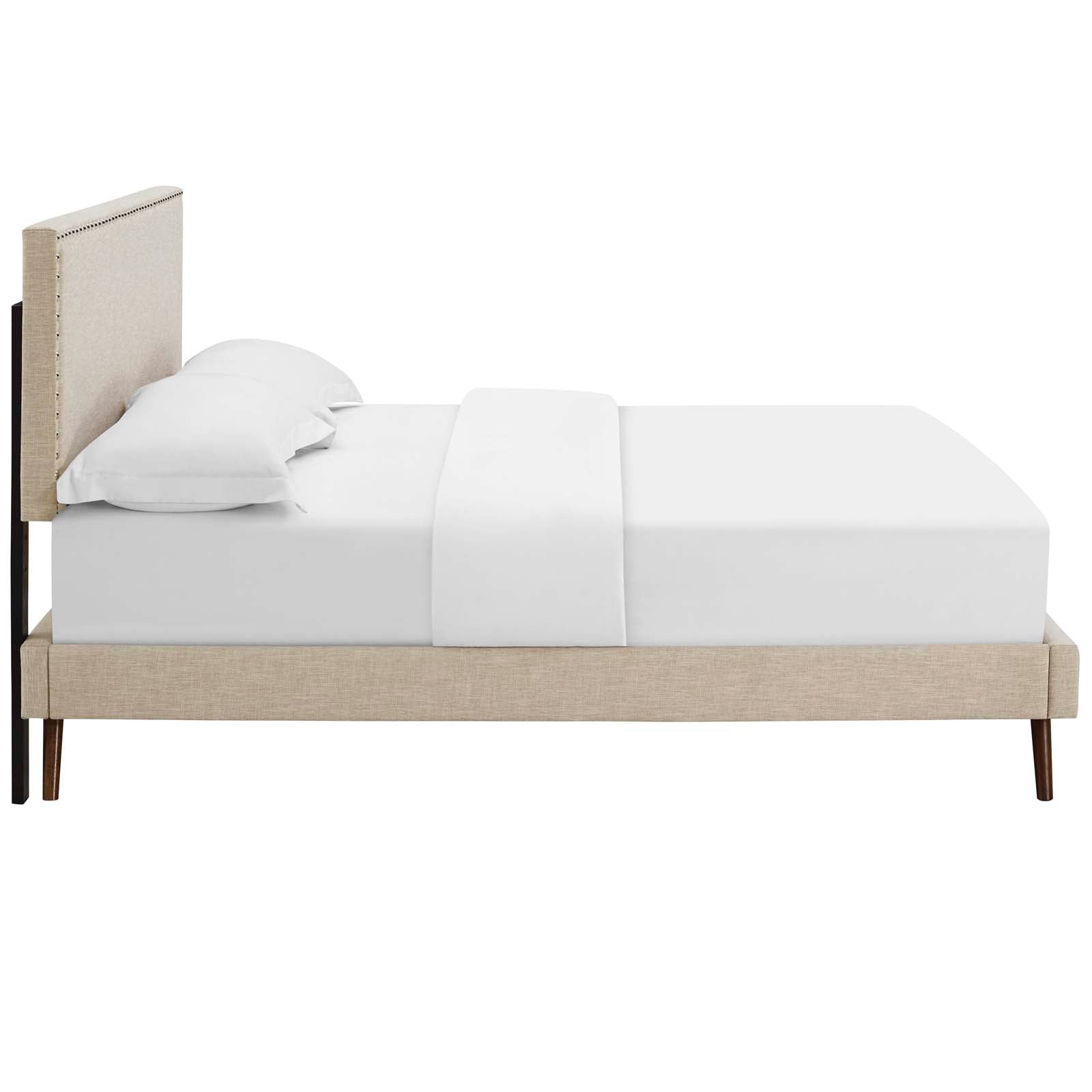 Macie Beige Queen Fabric Platform Bed with Round Splayed Legs