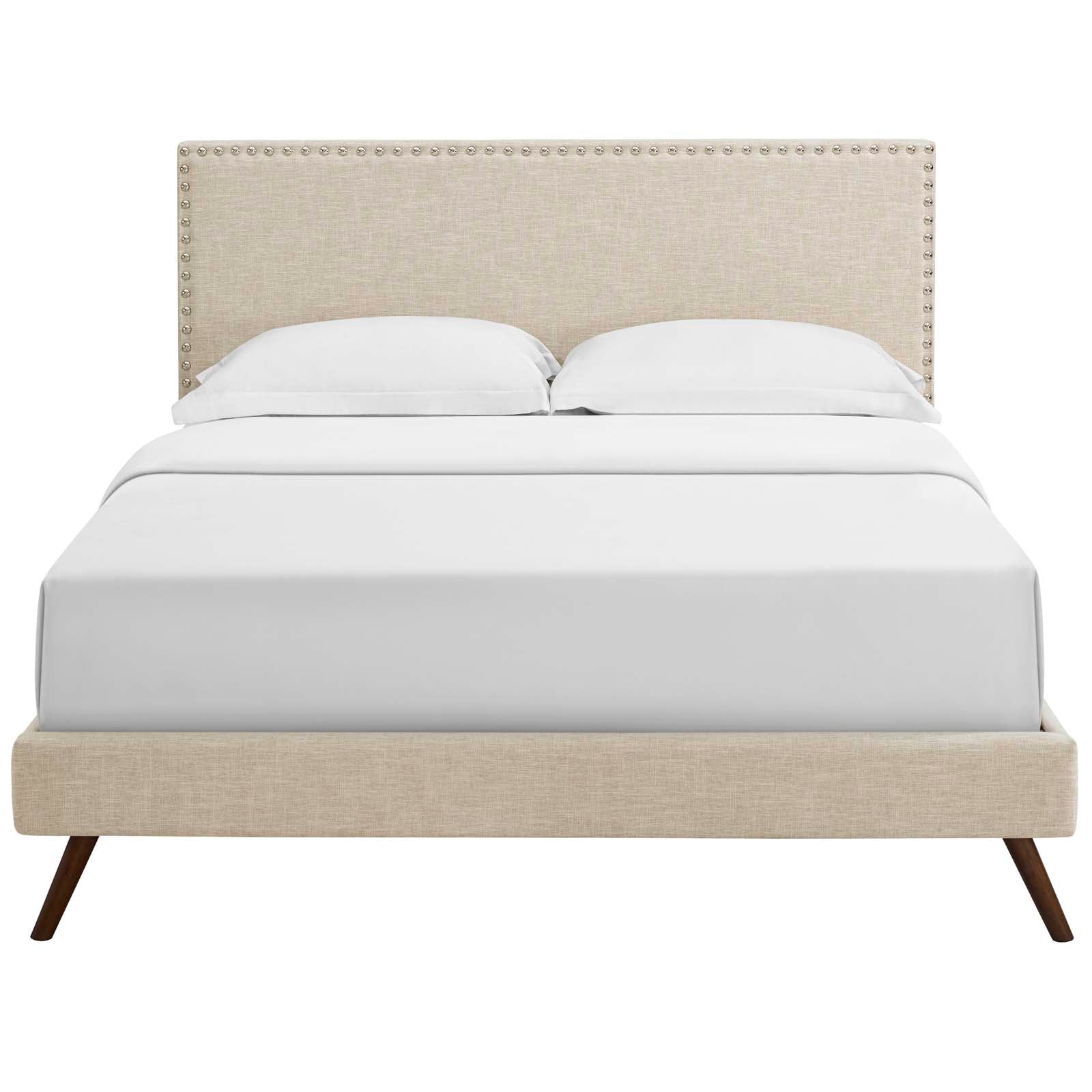 Macie Beige Queen Fabric Platform Bed with Round Splayed Legs