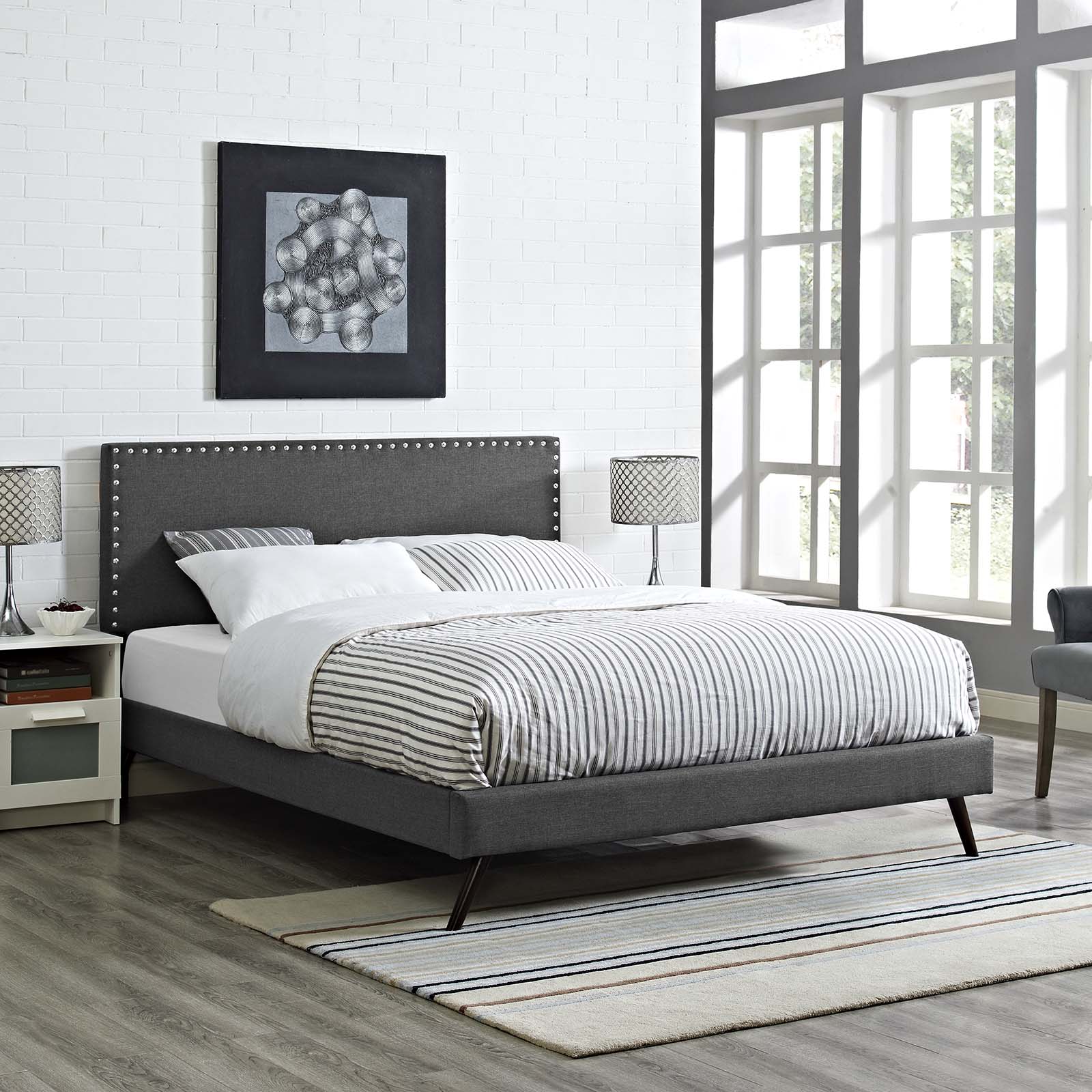 Macie Grey Queen Fabric Platform Bed with Round Splayed Legs