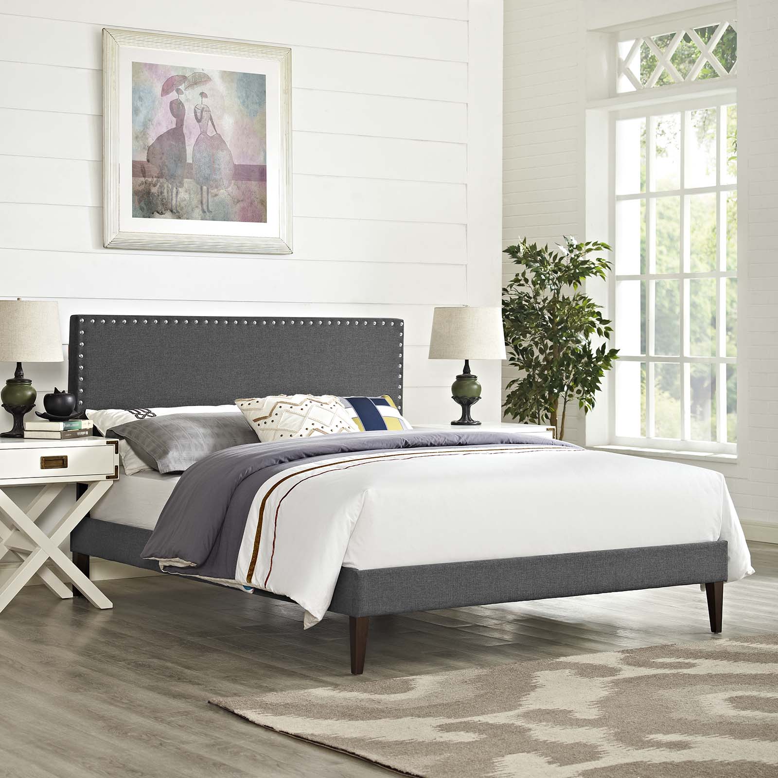 Macie Grey Queen Fabric Platform Bed with Squared Tapered Legs