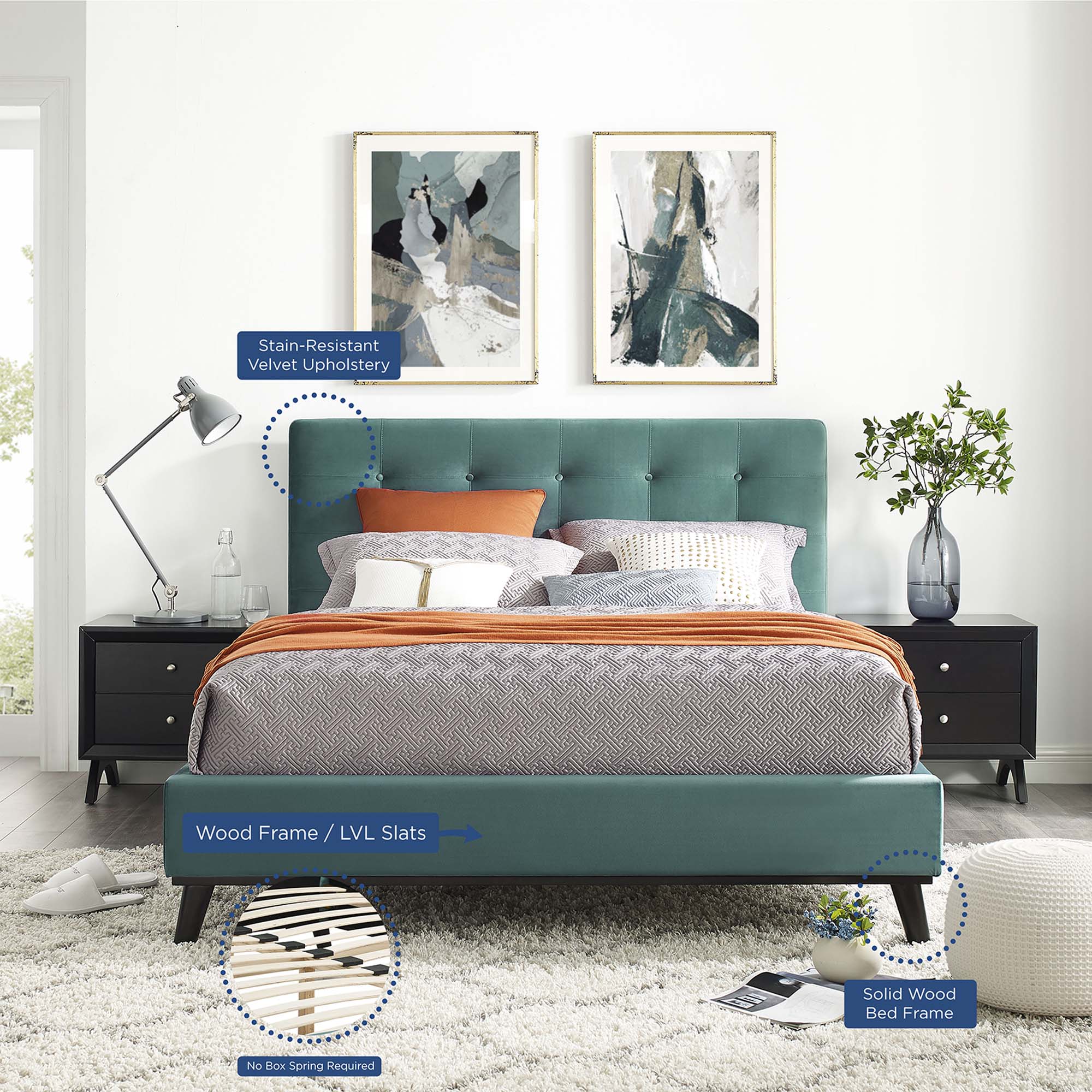 McKenzie Teal Queen Biscuit Tufted Performance Velvet Platform Bed