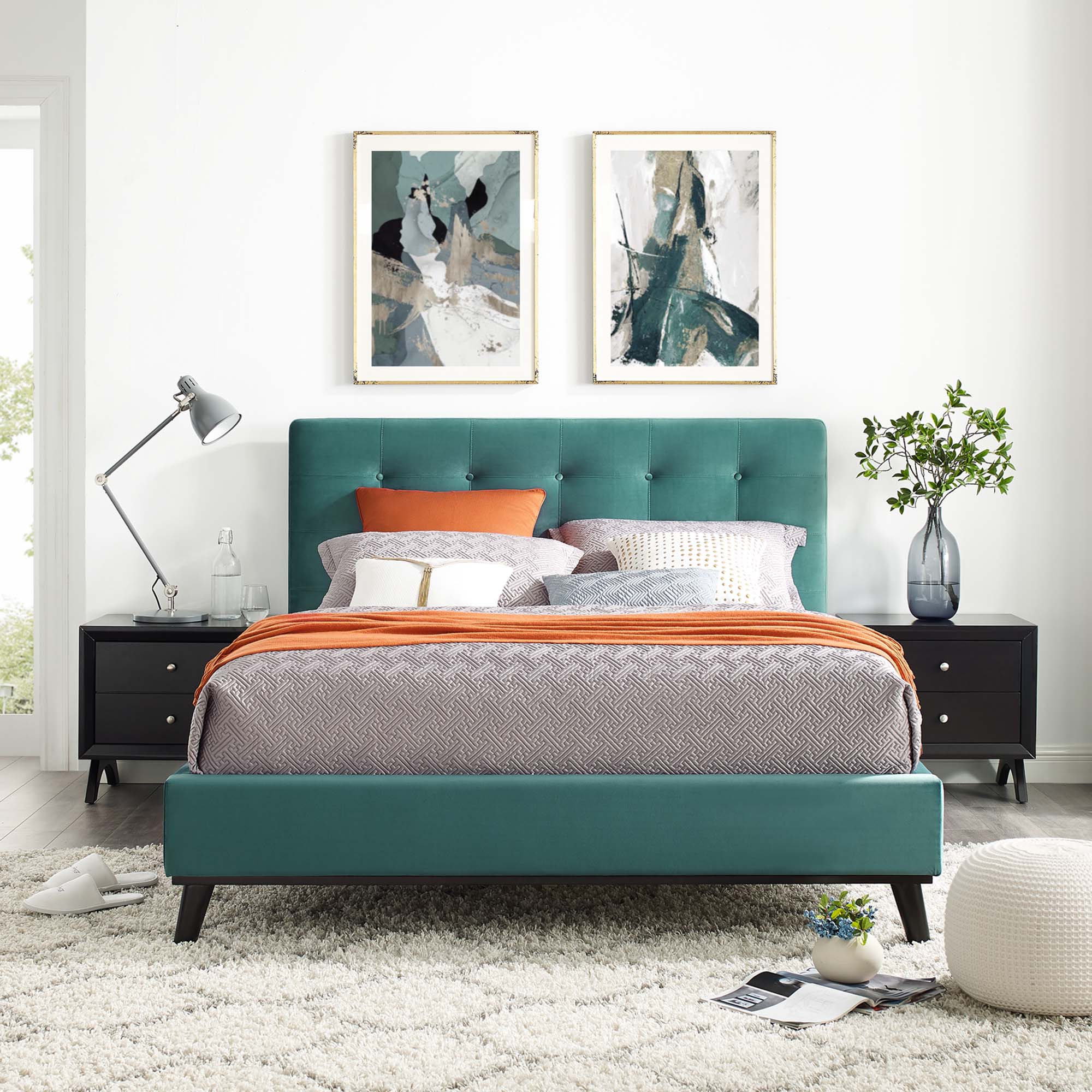 McKenzie Teal Queen Biscuit Tufted Performance Velvet Platform Bed