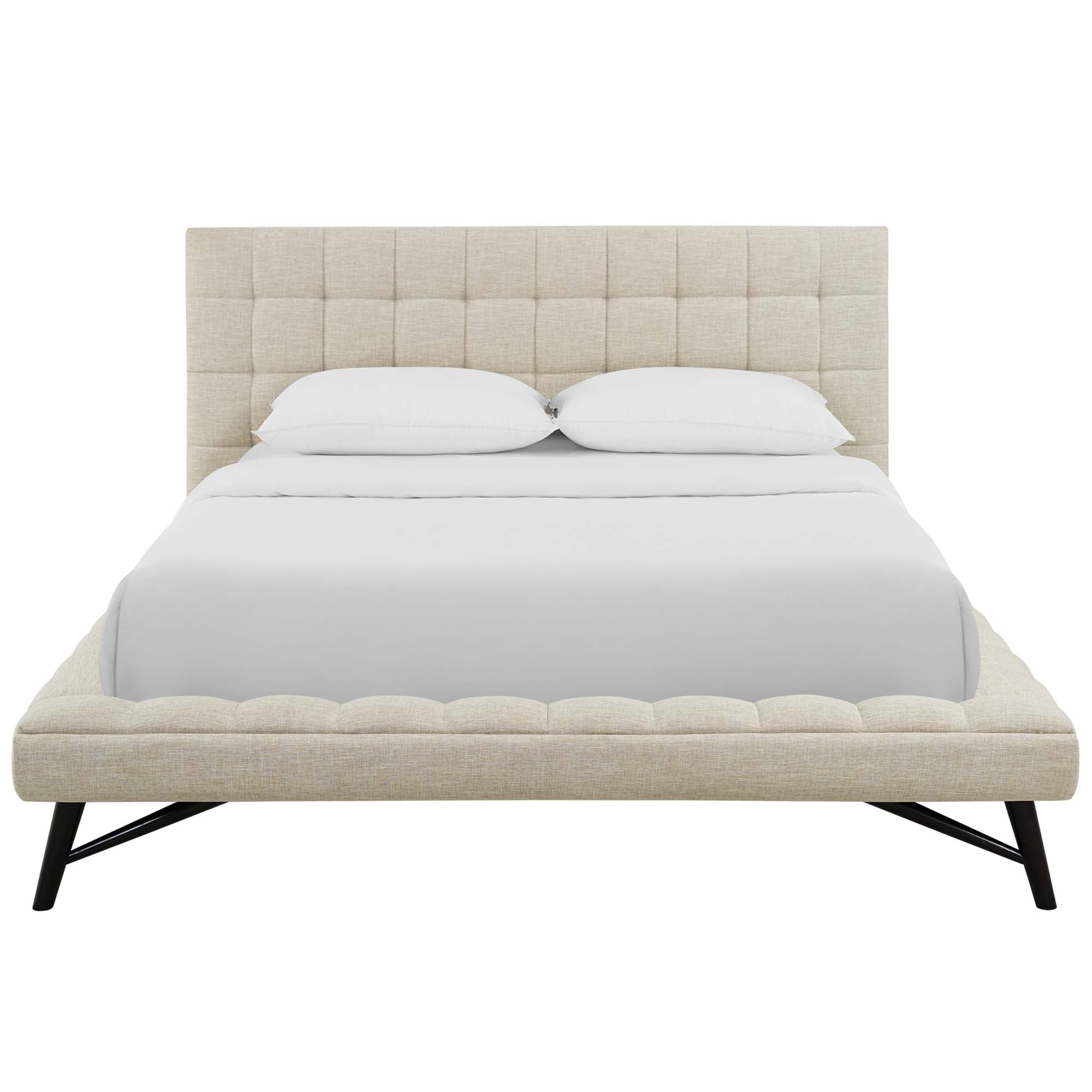 Julia Beige Queen Biscuit Tufted Upholstered Fabric Platform Bed