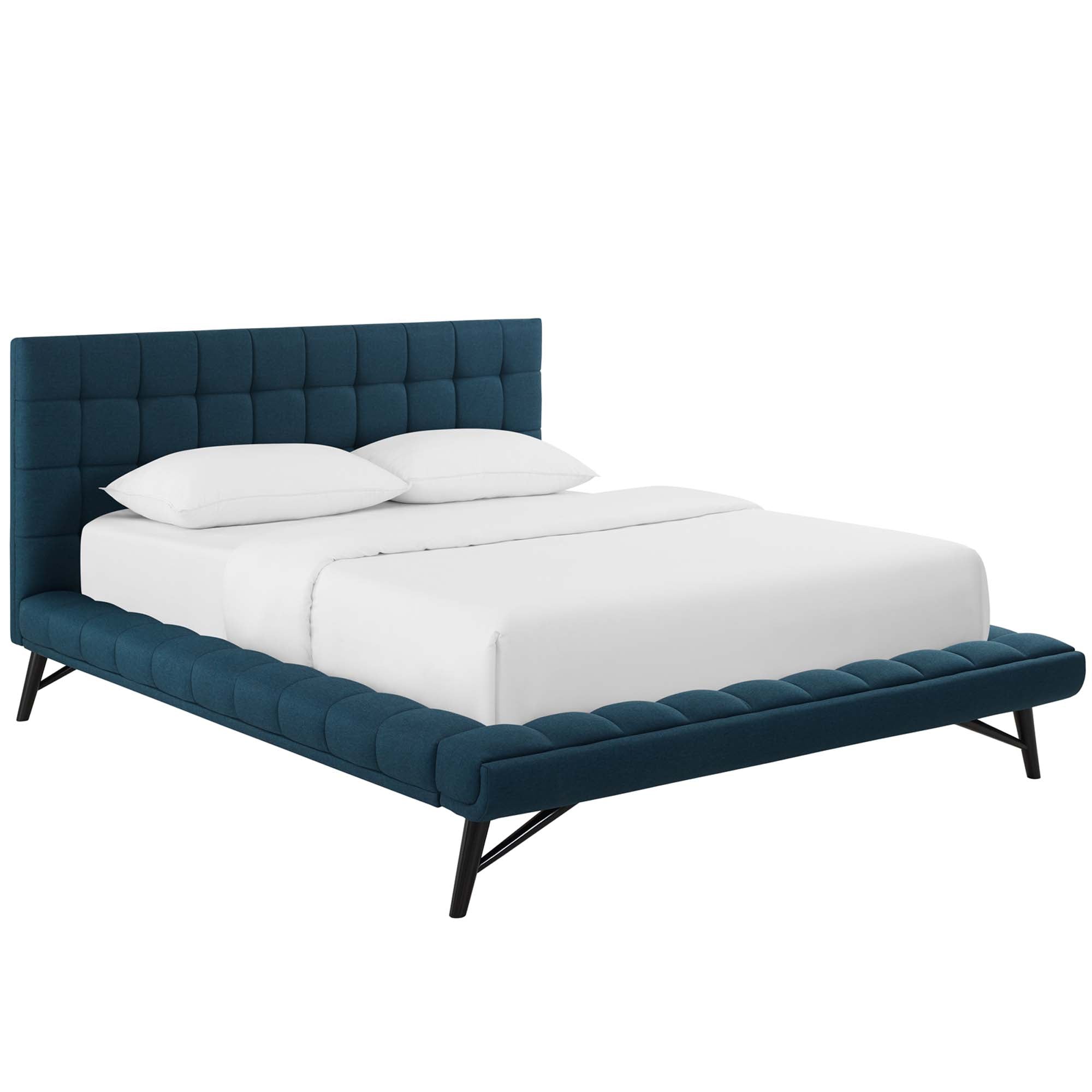 Julia Biscuit Tufted Upholstered Fabric Queen Platform Bed, Blue