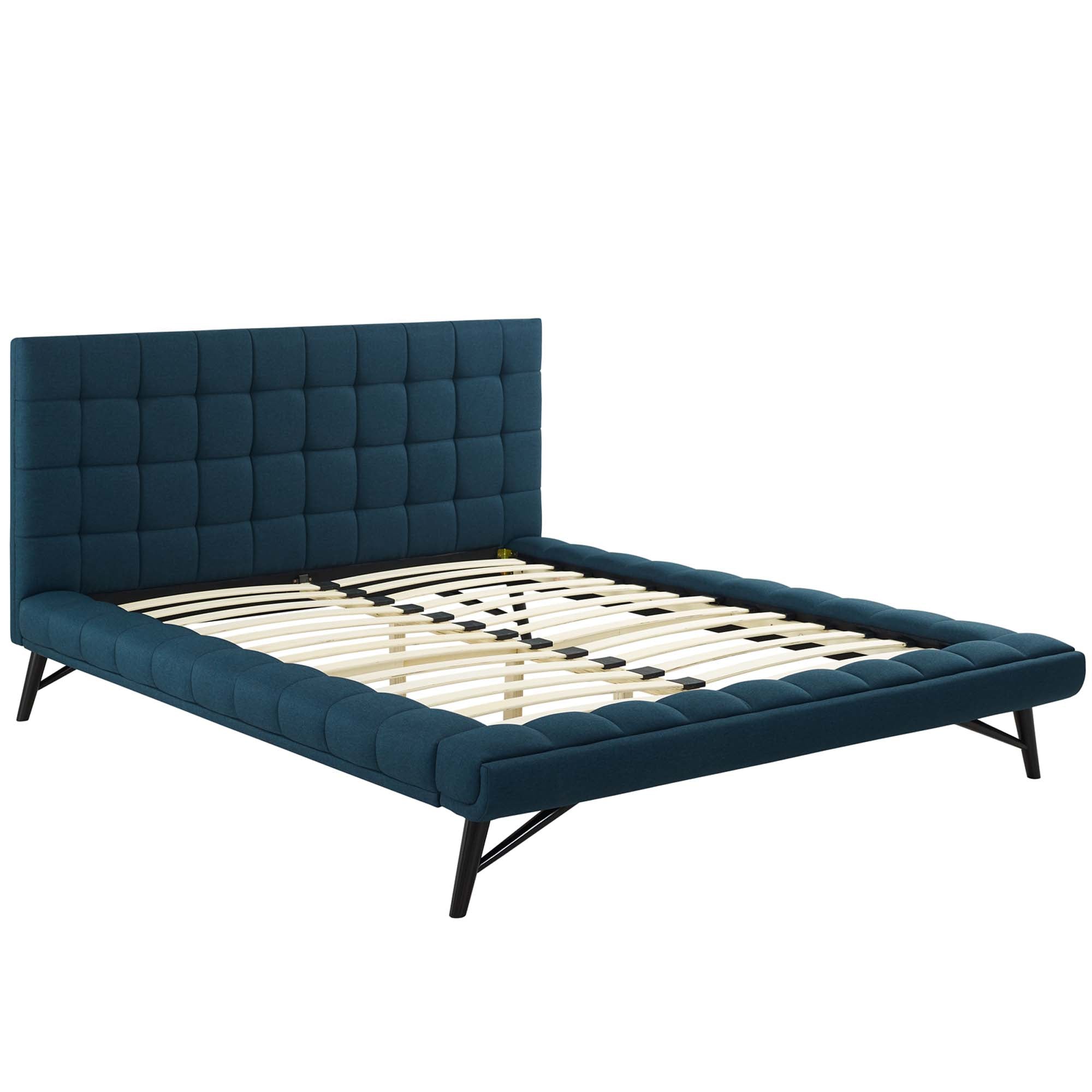 Julia Biscuit Tufted Upholstered Fabric Queen Platform Bed, Blue