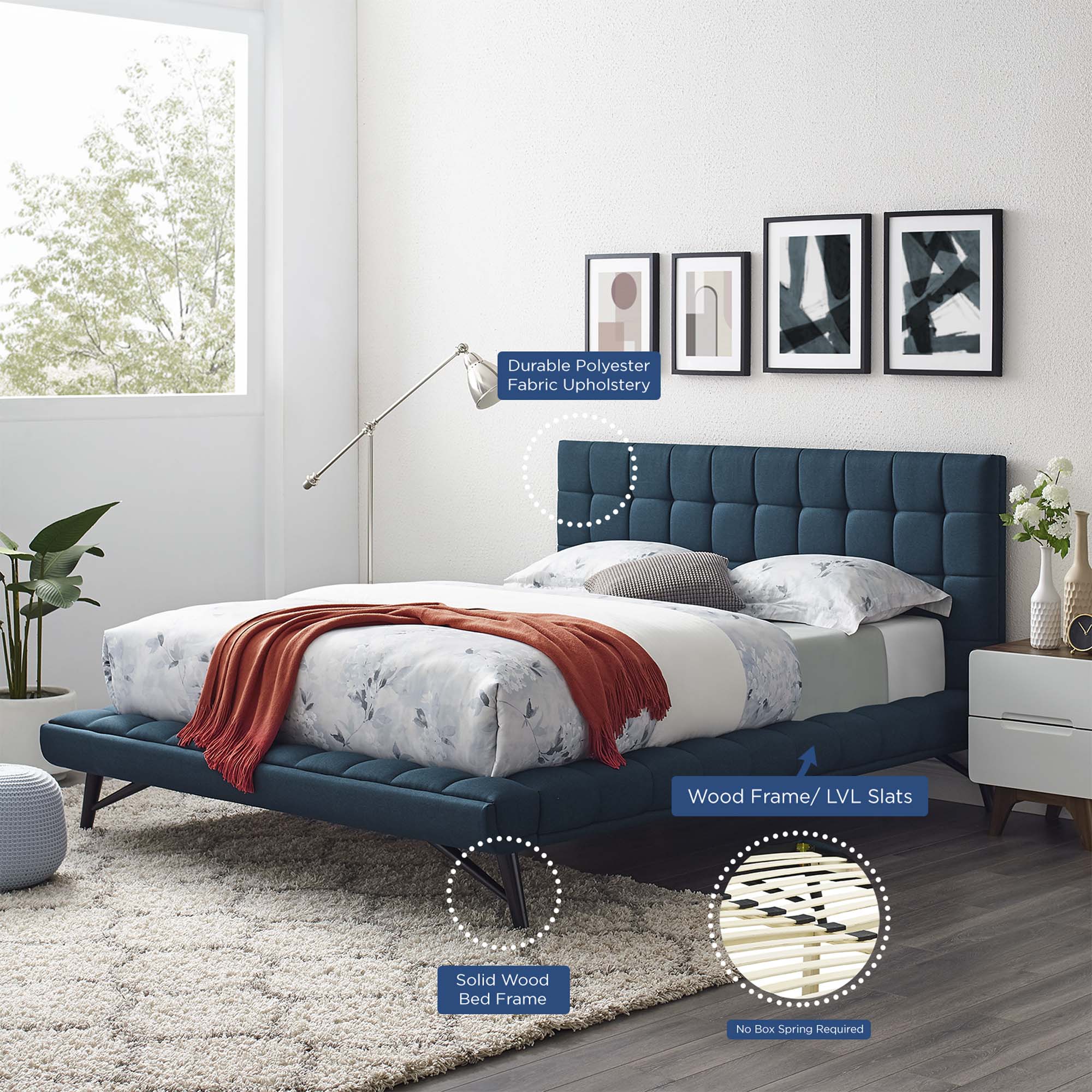 Julia Biscuit Tufted Upholstered Fabric Queen Platform Bed, Blue