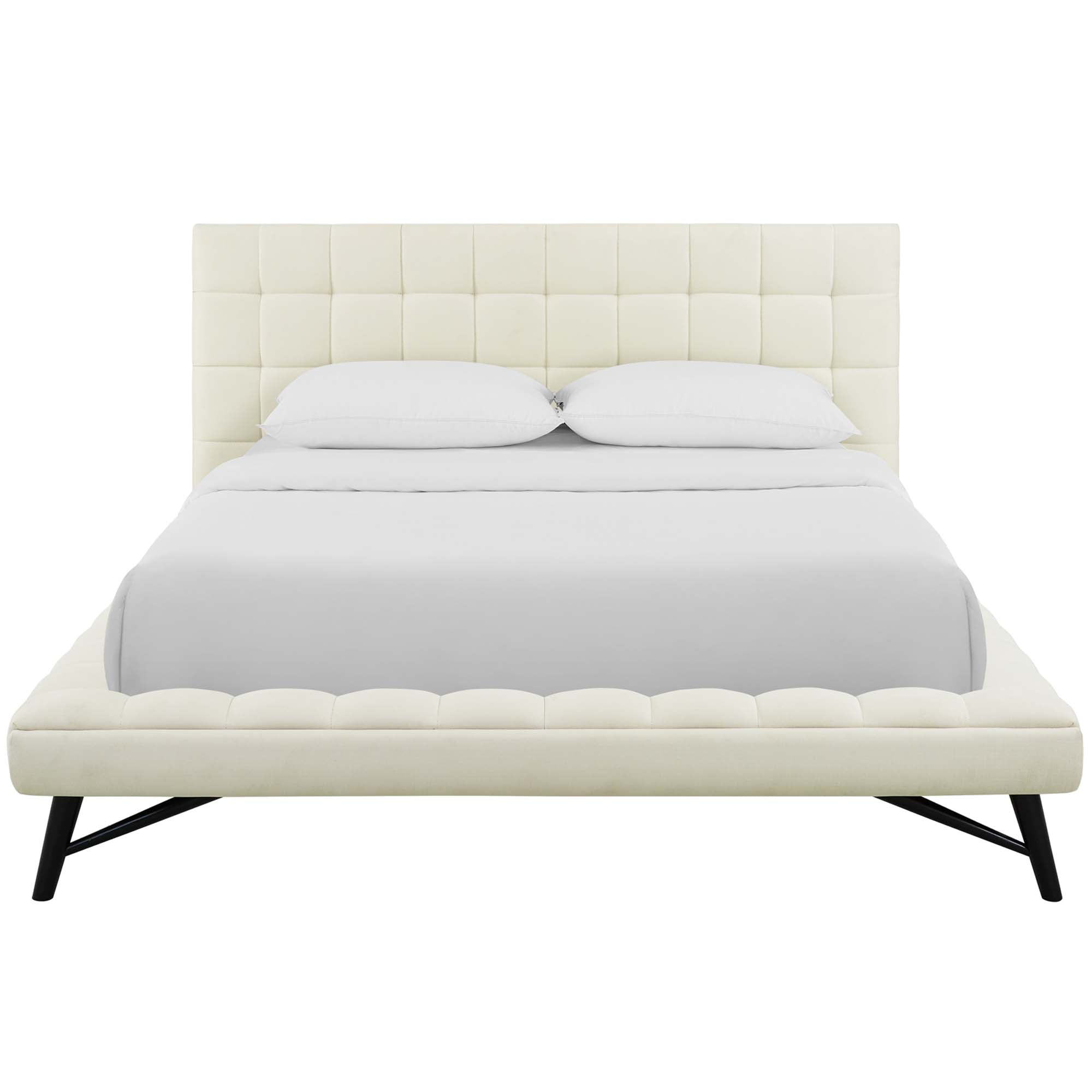 Julia Biscuit Tufted Upholstered Fabric Queen Platform Bed, Ivory