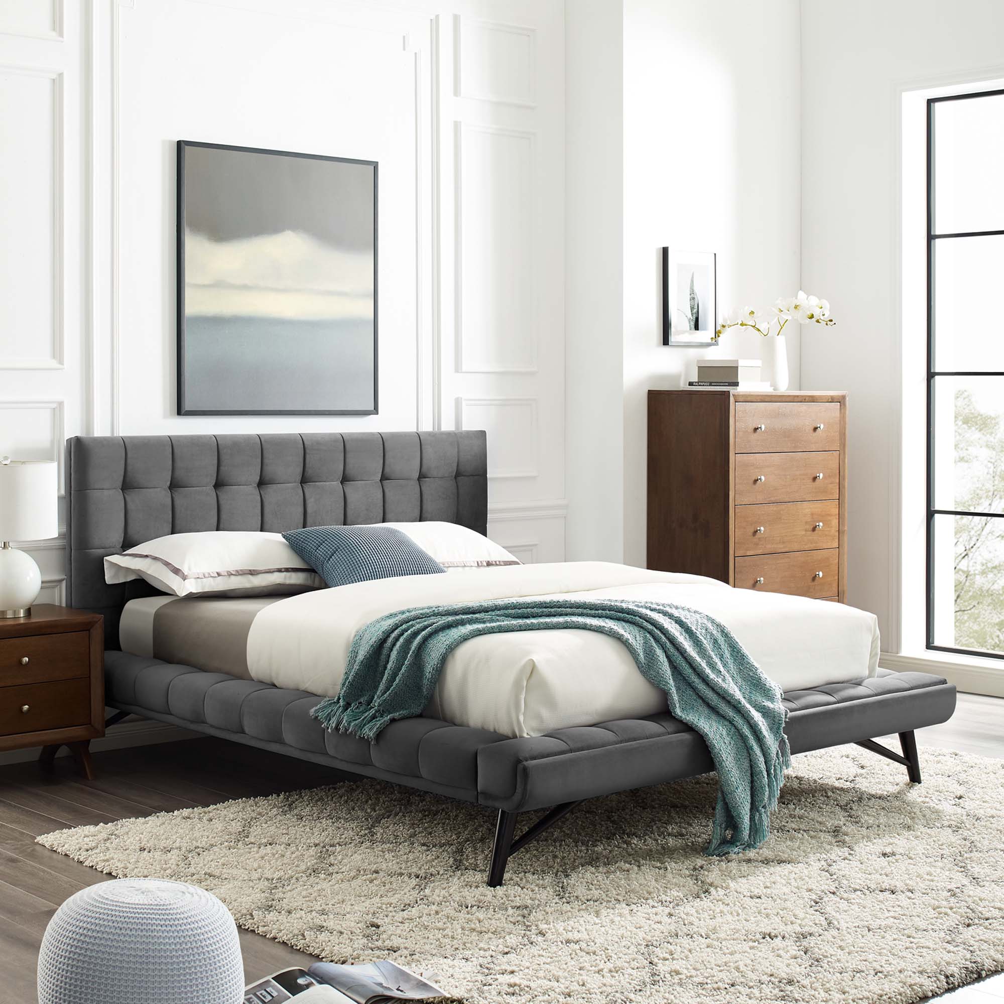 Julia Grey Queen Biscuit Tufted Performance Velvet Platform Bed