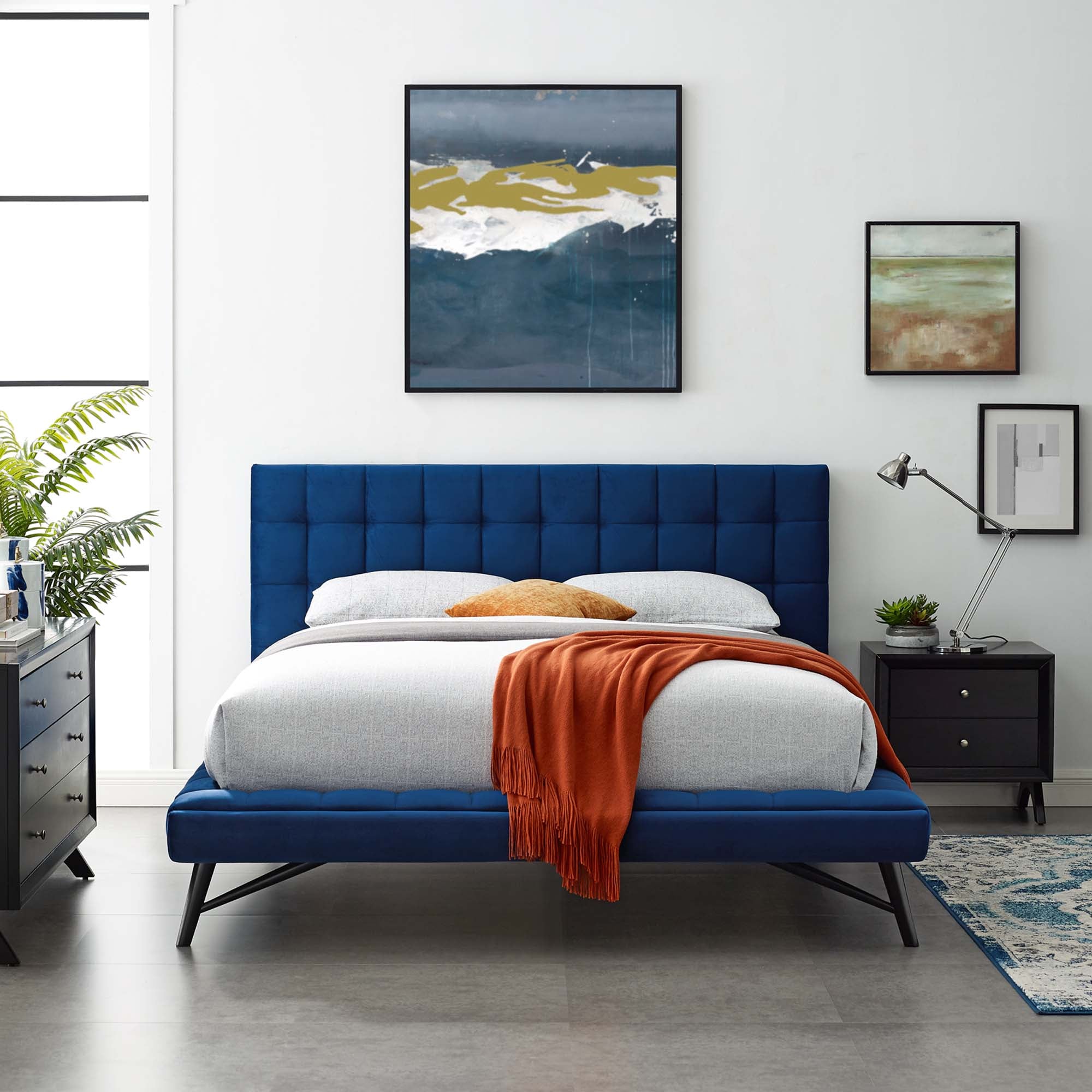 Julia Biscuit Tufted Performance Velvet Queen Platform Bed, Navy