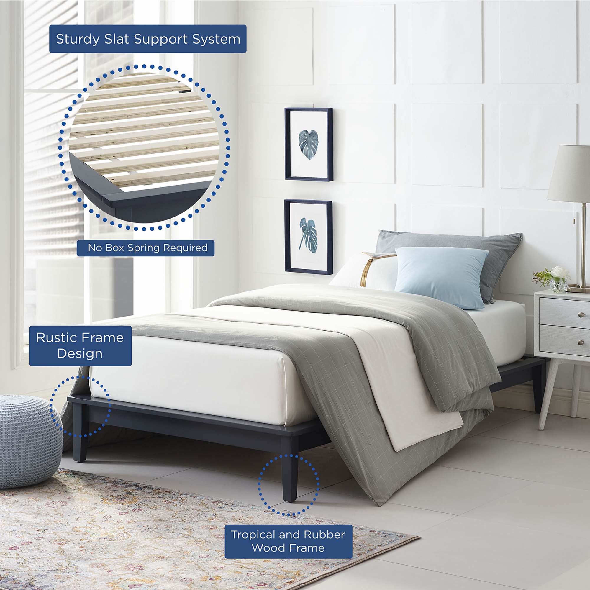 Baron Grey Twin Wood Platform Bed Frame  Rustic Solid Wood Design