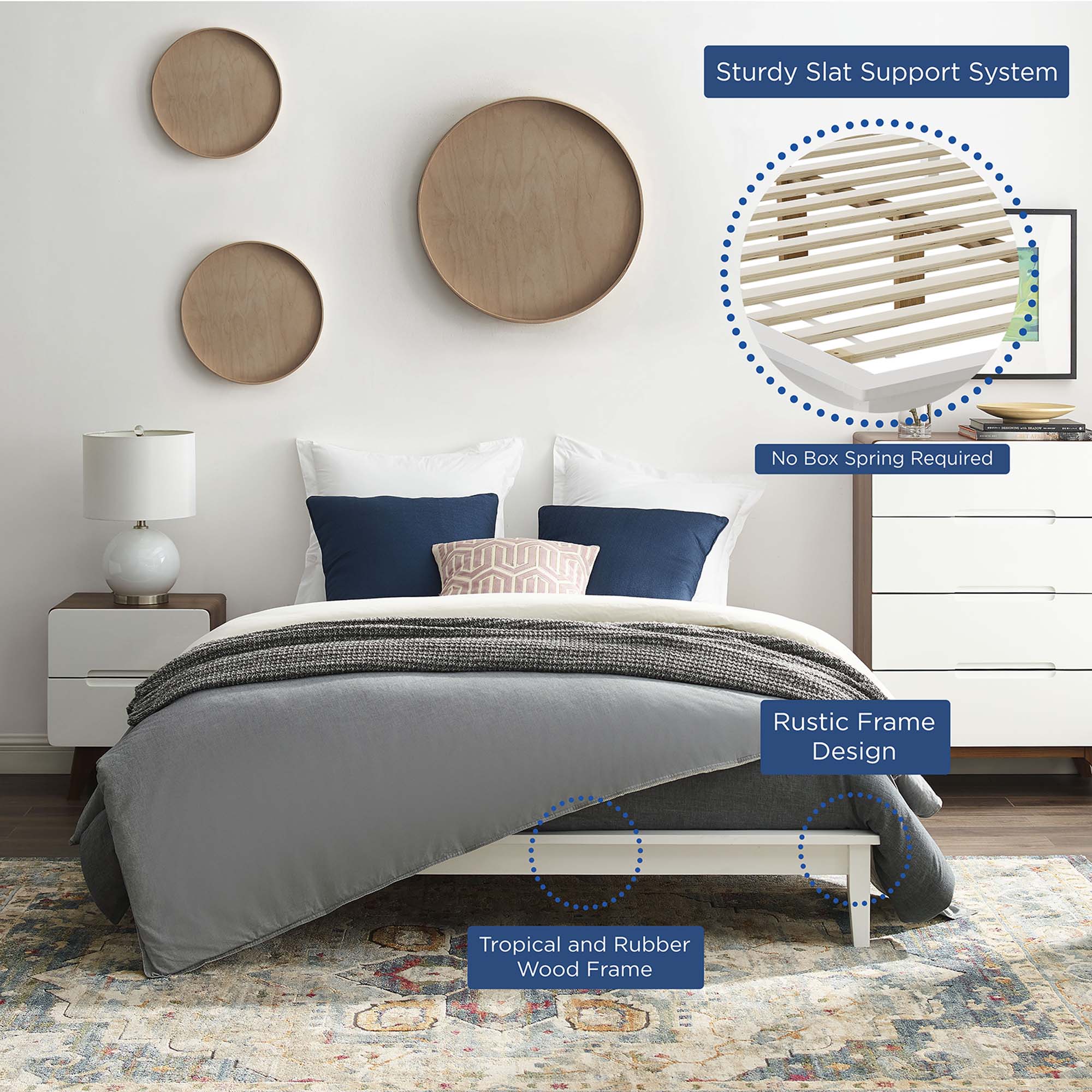 Amour White Full Platform Bed Frame  Solid Wood with LVL Slat System