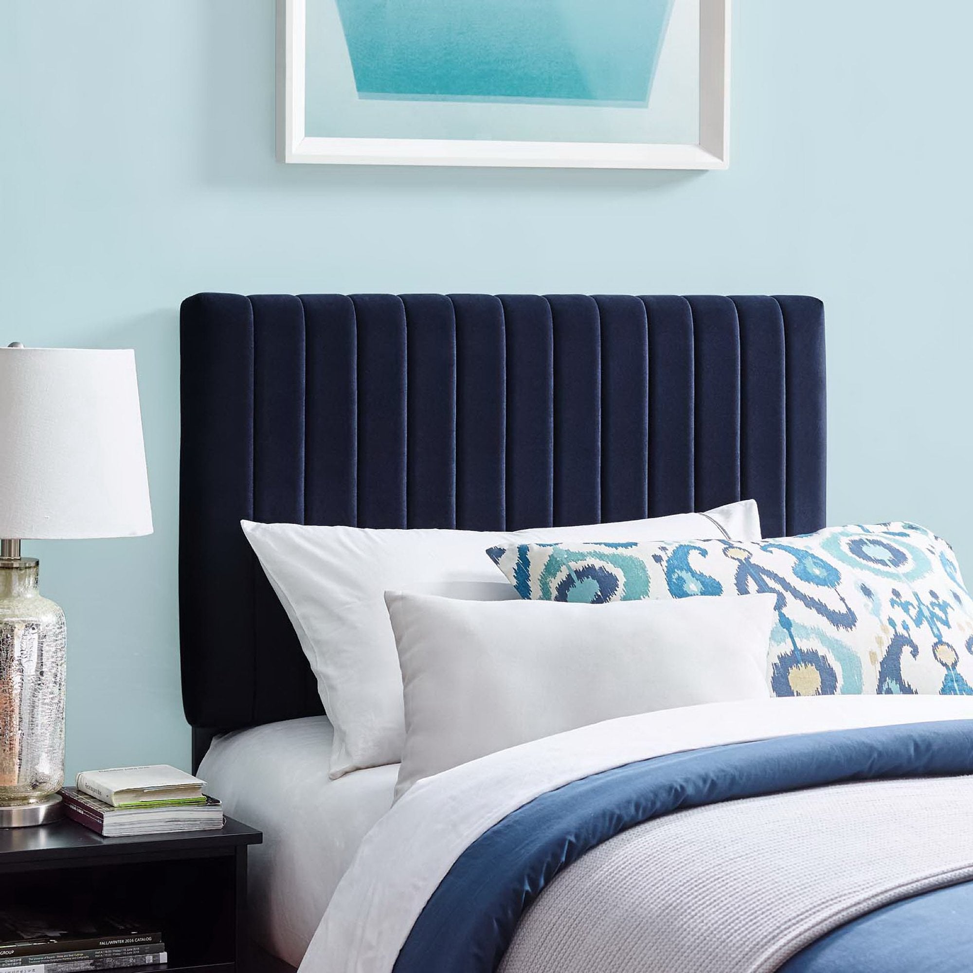 Keira Performance Velvet Twin Headboard, Midnight Blue