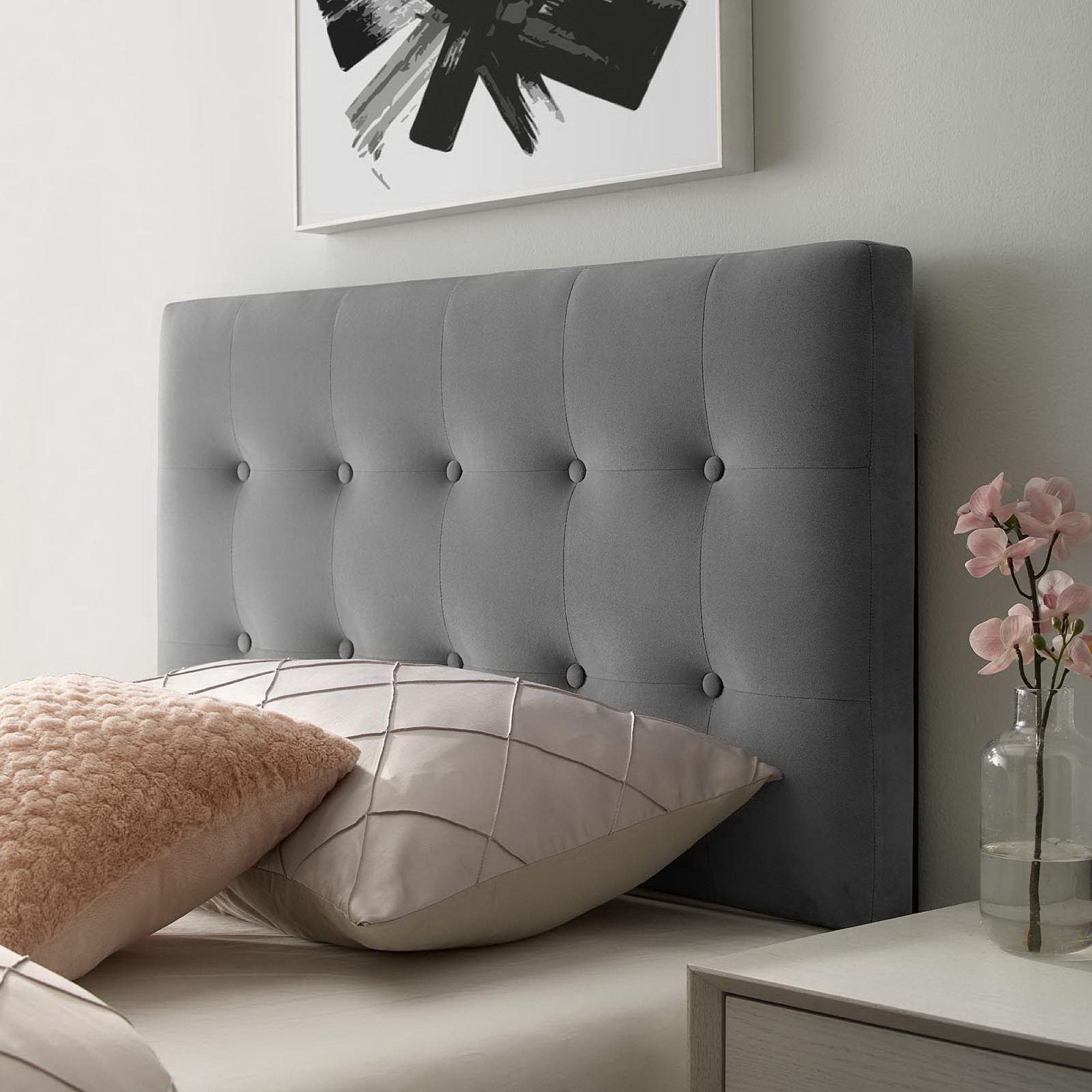 Emily Biscuit Tufted Performance Velvet Twin Headboard, Gray
