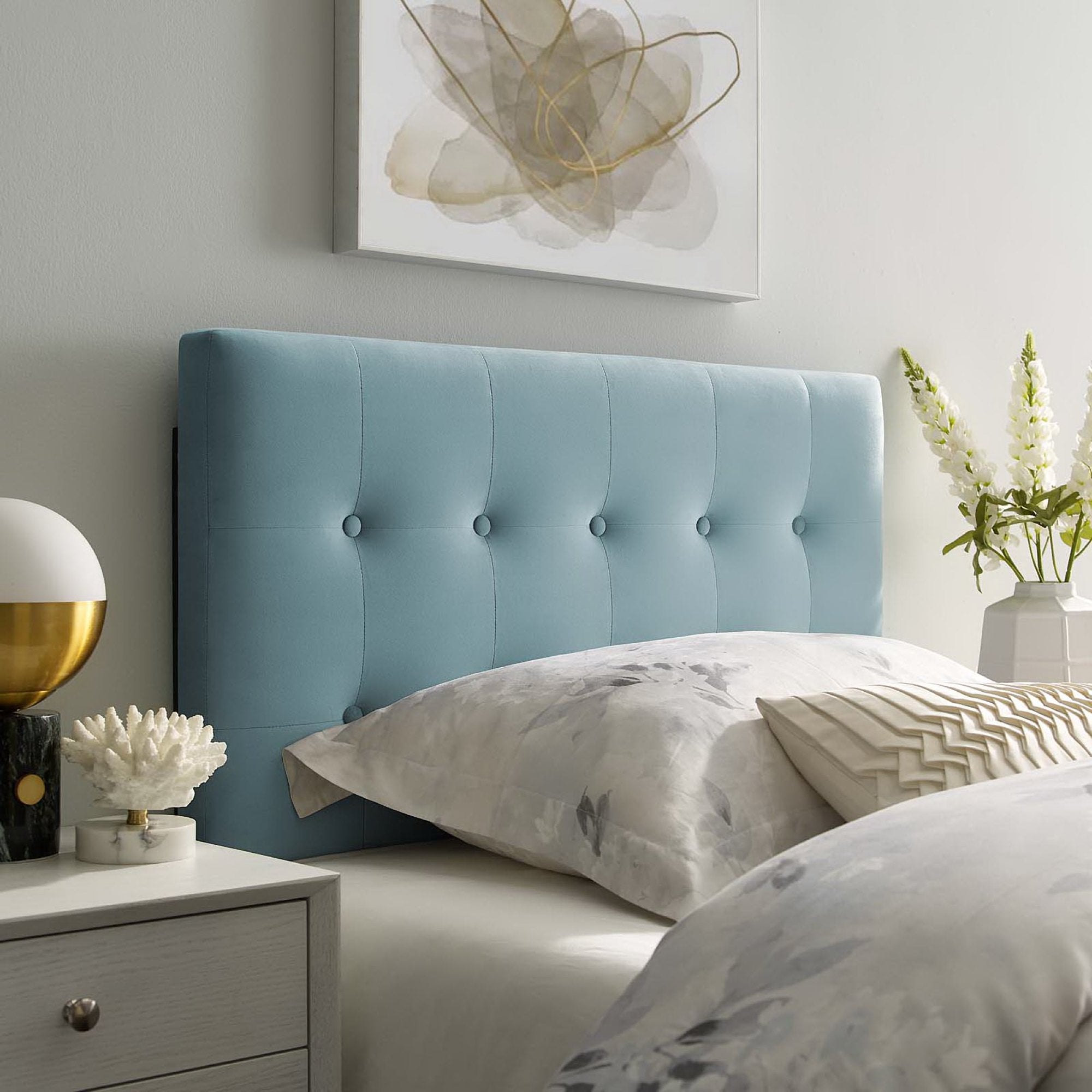 Emily Biscuit Tufted Performance Velvet Twin Headboard, Light Blue