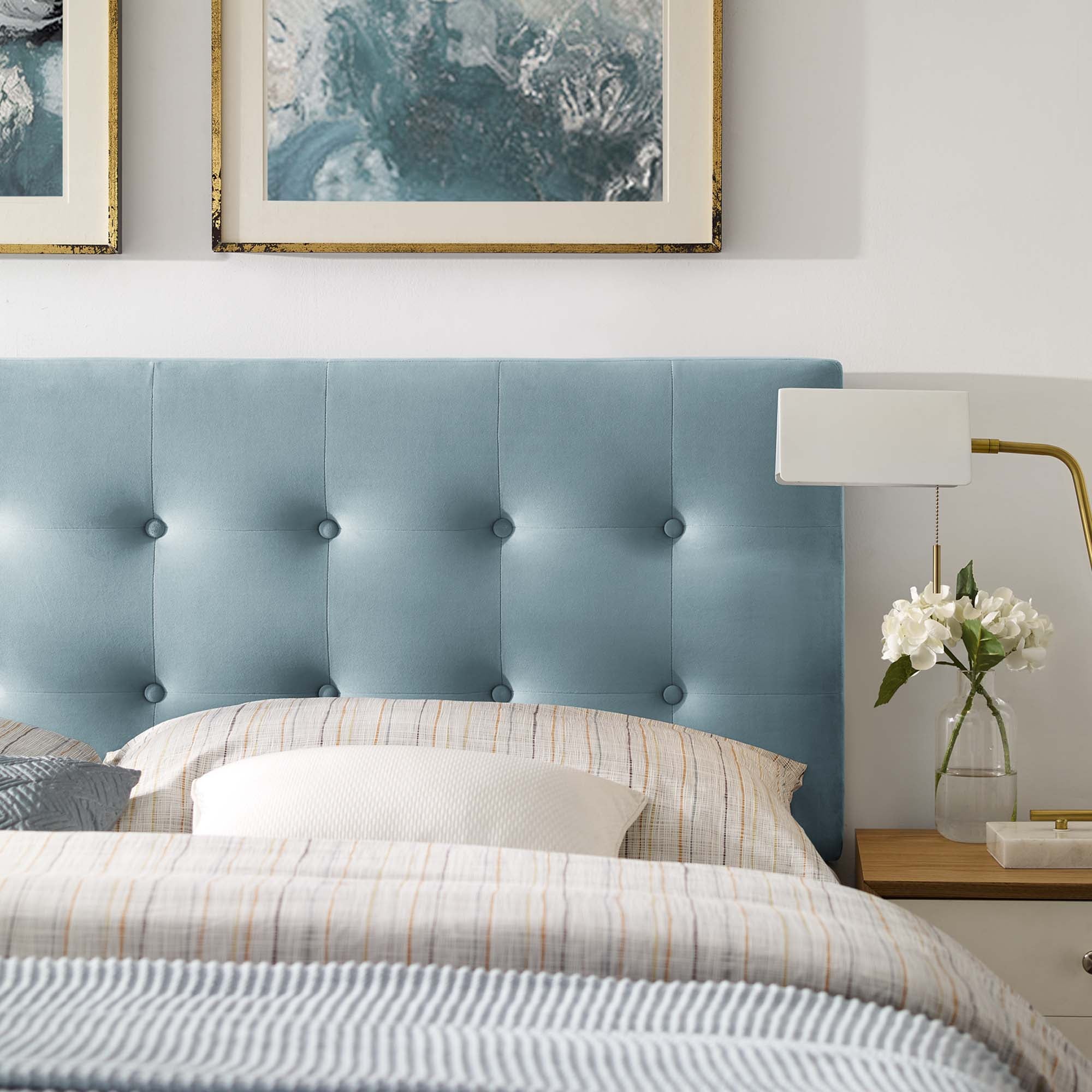 Emily Biscuit Tufted Performance Velvet Queen Headboard, Light Blue