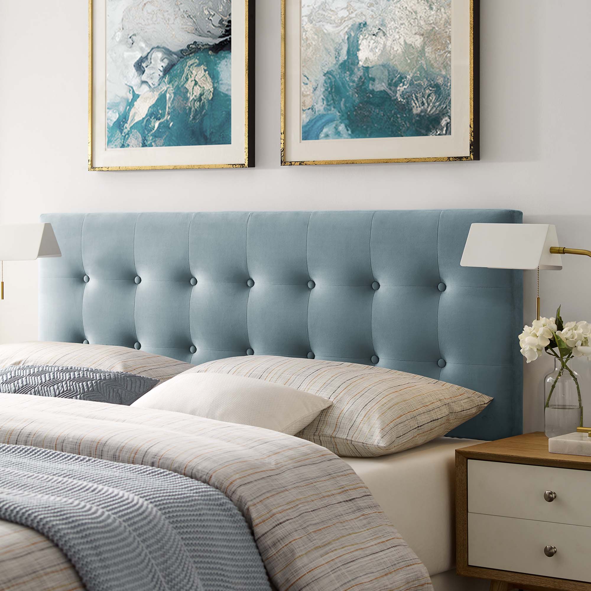 Emily Biscuit Tufted Performance Velvet Queen Headboard, Light Blue