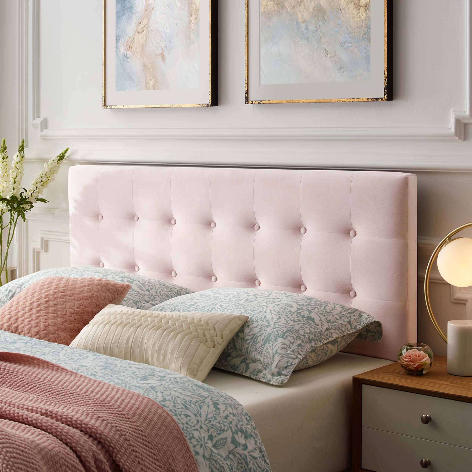 Emily Biscuit Tufted Performance Velvet Queen Headboard, Pink