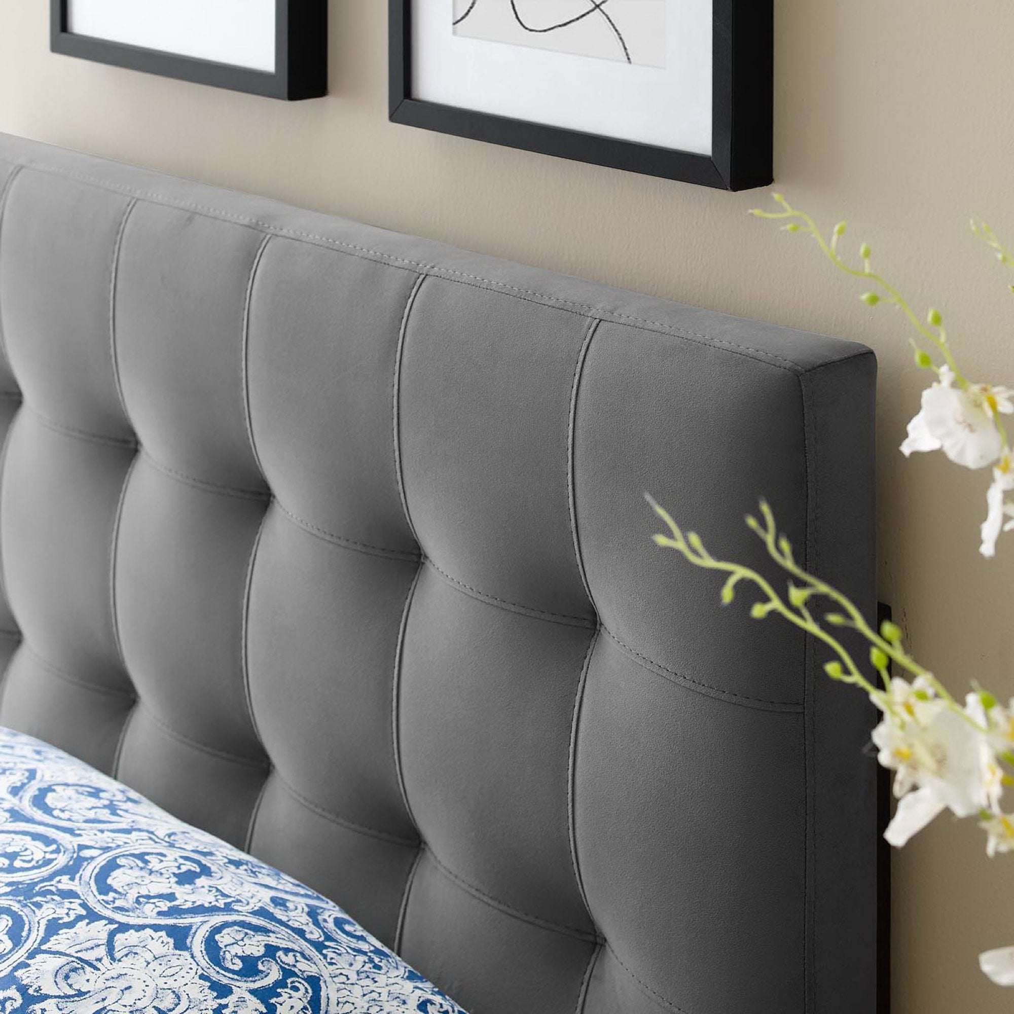 Lily Biscuit Tufted Performance Velvet Twin Headboard, Gray
