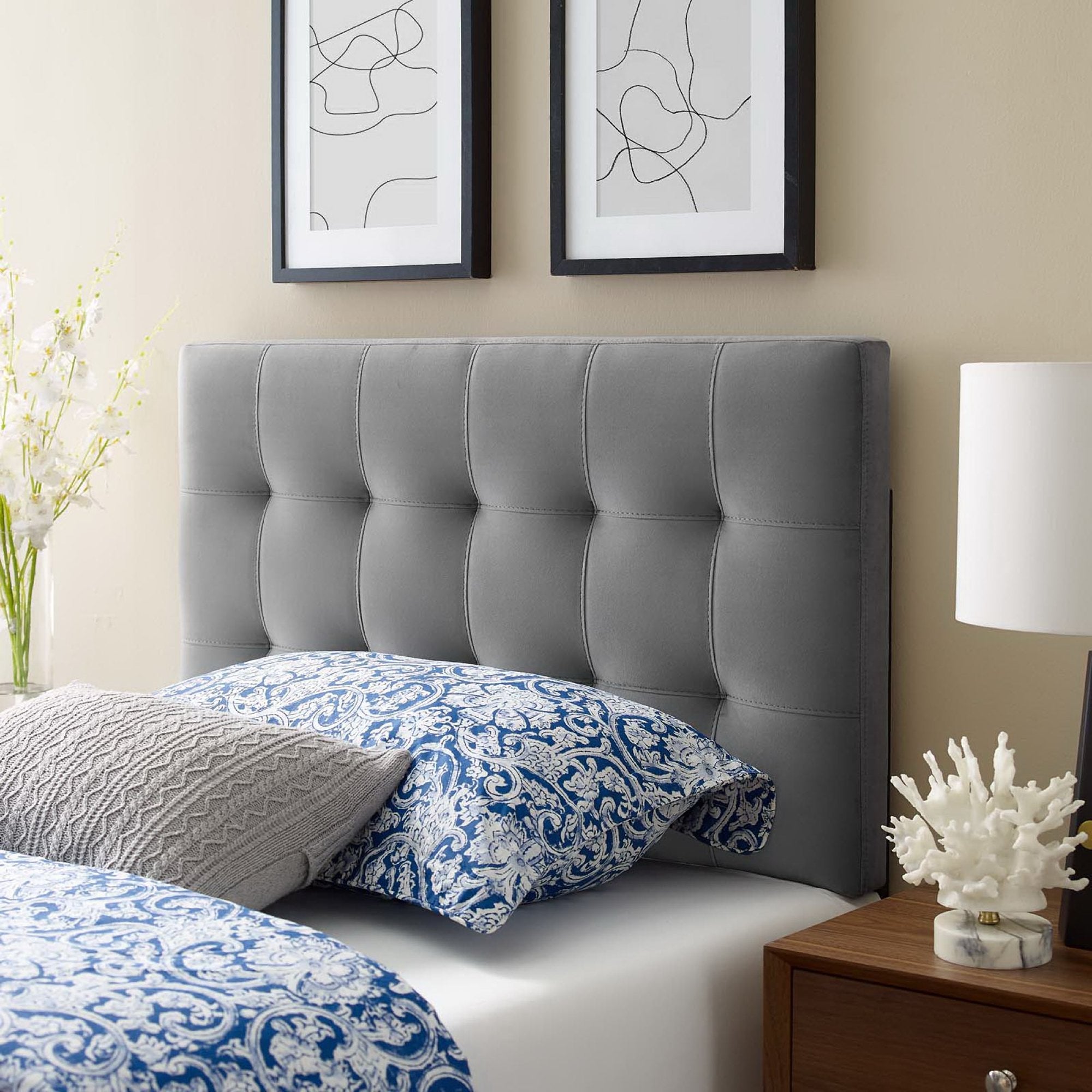 Lily Biscuit Tufted Performance Velvet Twin Headboard, Gray